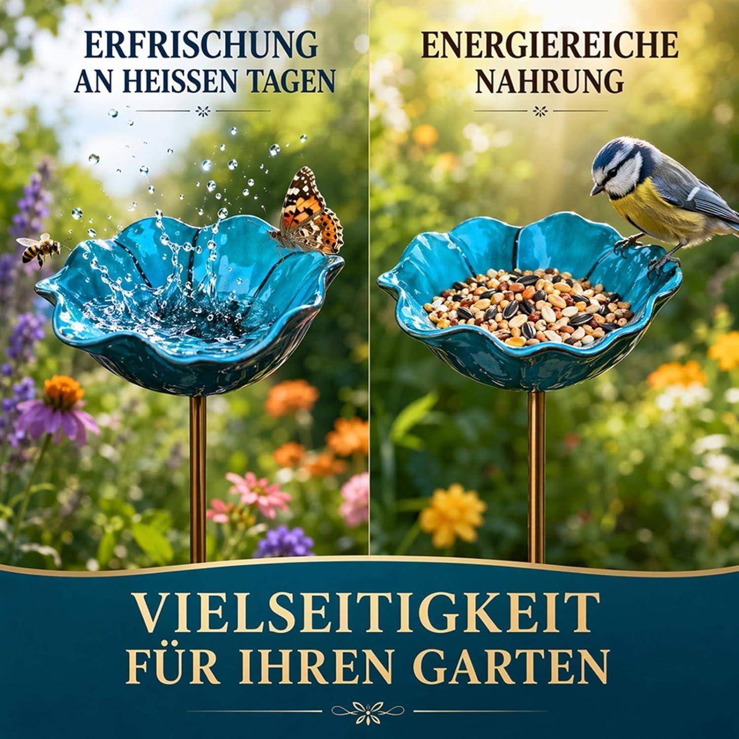 Geteilte Gartenwerbung mit einer blauen blütenförmigen Schale mit Wasser für Insekten auf der linken Seite und Samen für Vögel auf der rechten Seite; der Text besagt „Erfrischung an heißen Tagen
