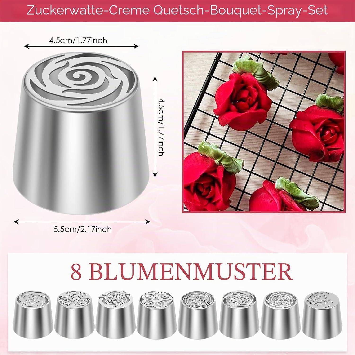 Blumenverzierungsspitzensatz mit einer 5,5 cm hohen Metallverzierung mit 4,5 cm Öffnung und Beispiel-Rotrosenfrostingdesigns; enthält „8 BLUMENMUSTER