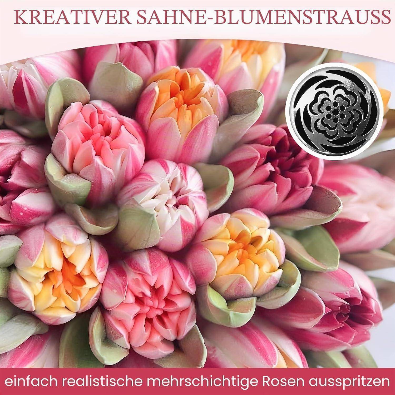 Werbebild eines mehrfarbigen geschichteten Rosenstraußes mit deutschem Text „KREATIVER SAHNE-BLUMENSTRAUSS