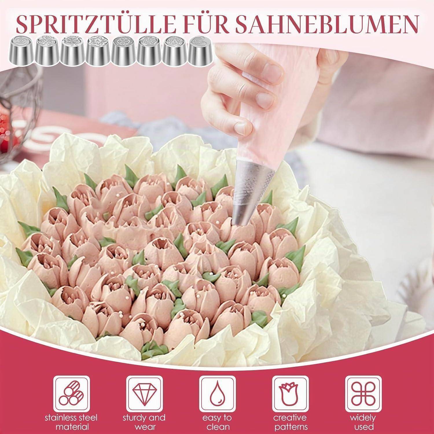 Eine Spritztülle wird gezeigt, die einen blumenförmigen Kuchen mit rosa Sahnetulpen verziert; der Text lautet „SPRITZTÜLLE FÜR SAHNEBLUMEN