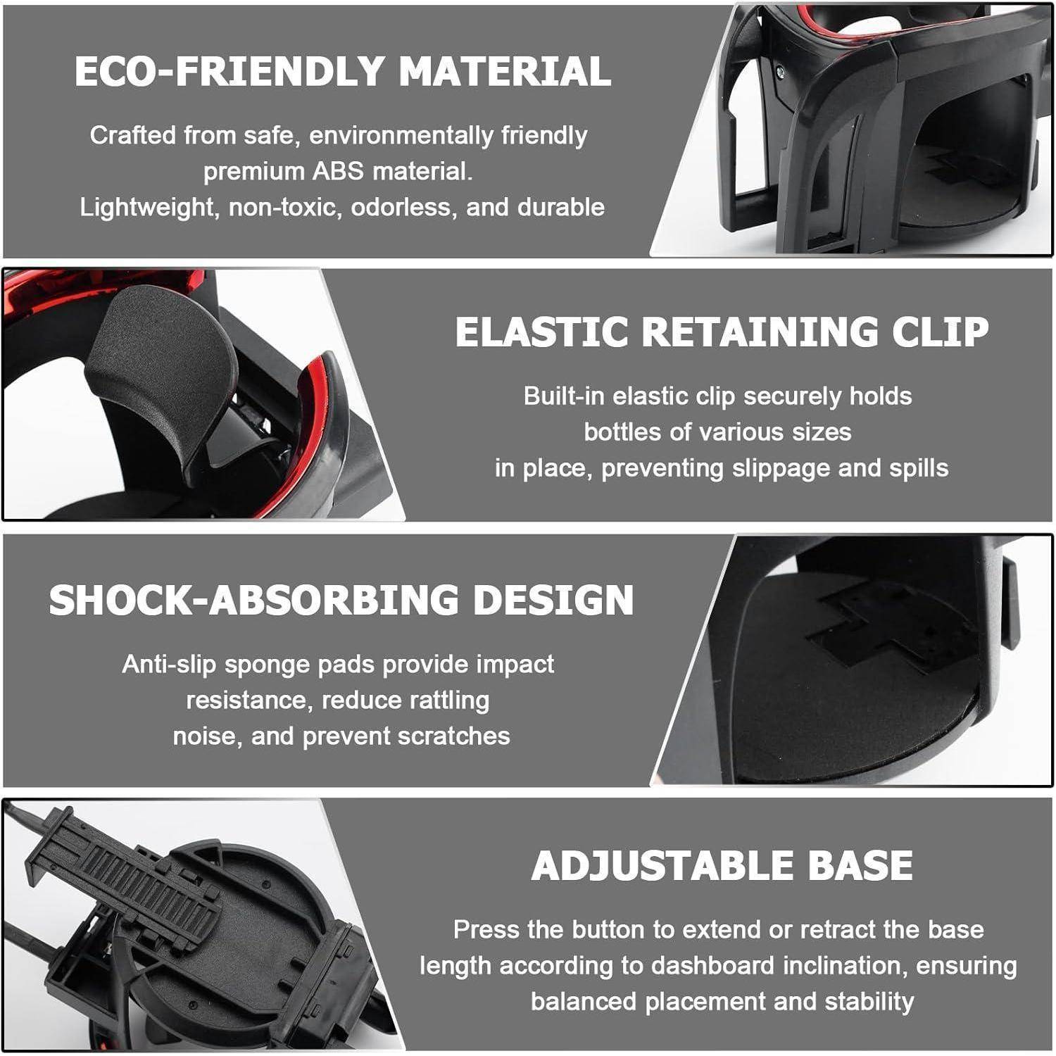 # Infografik einer Autotassenhalterung mit umweltfreundlichem Material, elastischem Halterungsclip, stoßdämpfenden Pads und einstellbarer Basis für stabile Flaschenaufbewahrung.