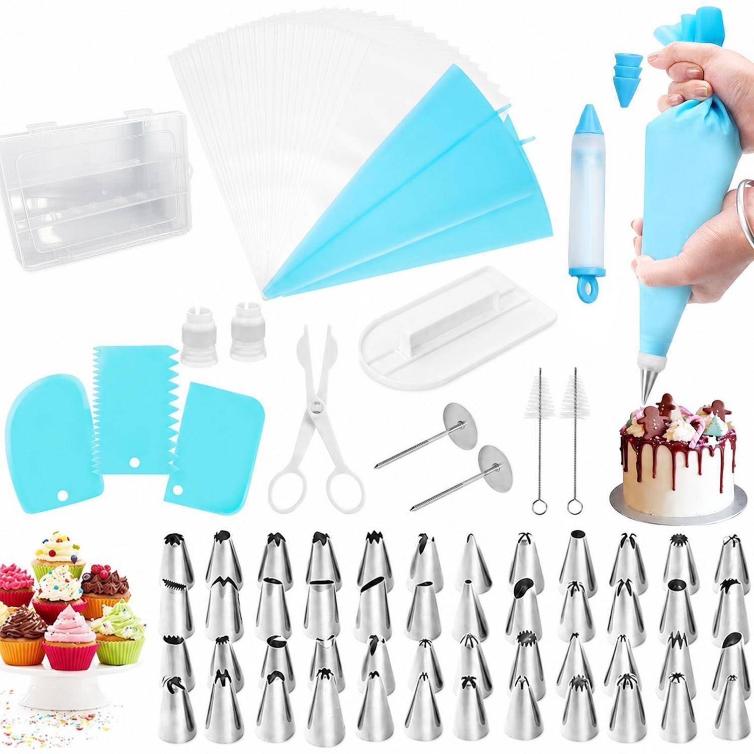 Collage von Kuchendekorierwerkzeugen und Spritztüllen, darunter Spritzbeutel, Spachteln, Schere und Cupcakes, mit einem Dekorateur, der Glasur auf einen Kuchen spritzt.