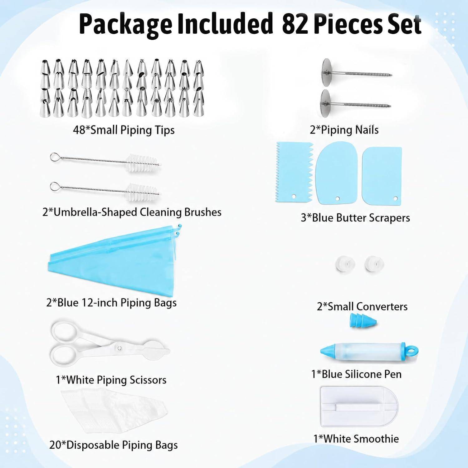 Infografik eines 82-teiligen Spritzbeutel-Sets mit kleinen Spritztüllen, Spritznägeln, Reinigungsbürsten, blauen Butterkratzern, Spritzbeuteln, Scheren, Adaptern, einem Silikonschreiber und einem weißen Glattstreichlineal.