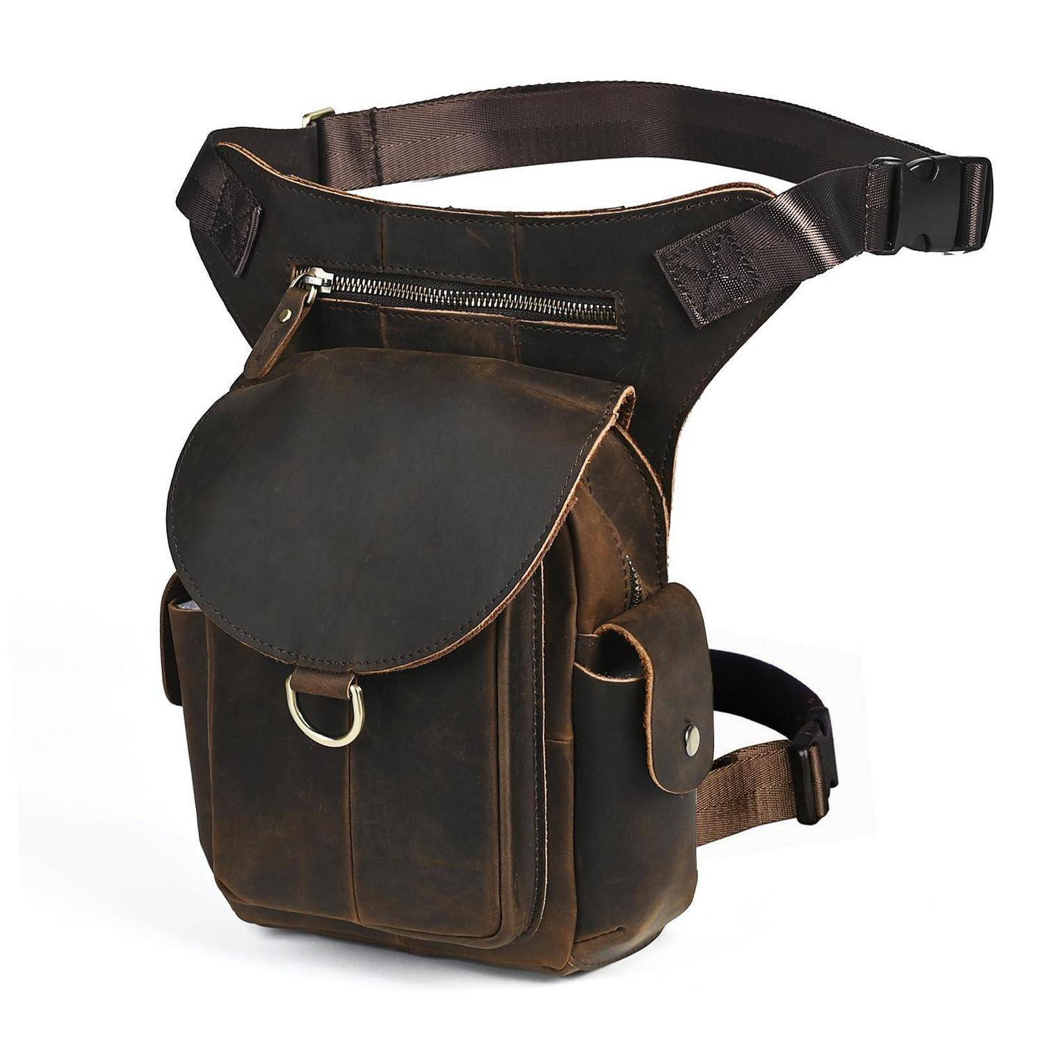 Braune Lederbeinholster mit Taillen- und Oberschenkelriemen, vordere Klappe mit Tasche und Reißverschlusstop-Tasche zum Transportieren von kleinen Gegenständen.