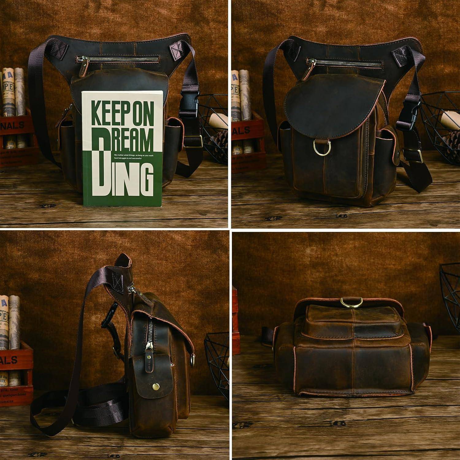 Vier Ansichten einer dunklen Ledertasche/eines Rucksacks auf einer Holzoberfläche, dargestellt von vorne, hinten, von der Seite und von unten; eine Ansicht zeigt ein Buch „KEEP ON DREAMING".