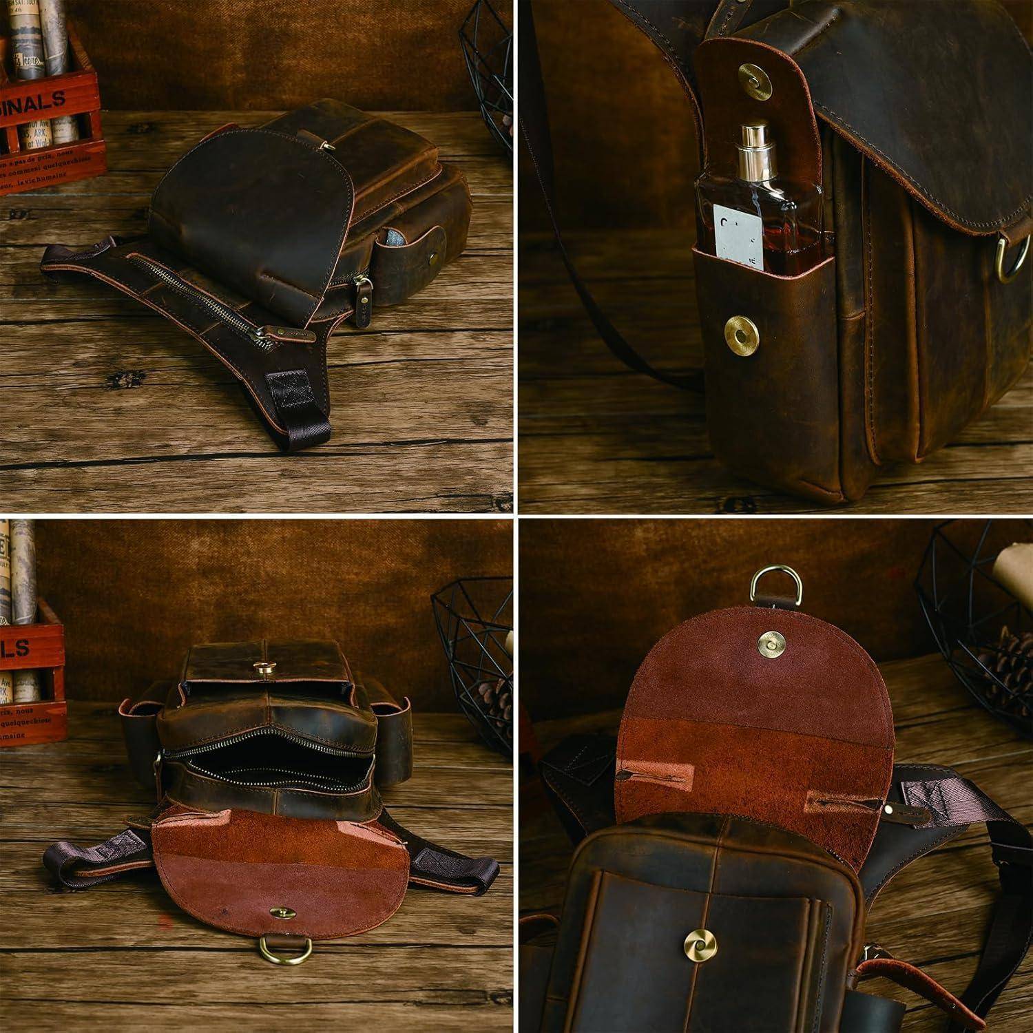 Collage einer braunen Lederschultertasche, die aus mehreren Blickwinkeln gezeigt wird und ihre Klappe, den verstellbaren Riemen und die Vordertasche mit einer Flasche darin in den Fokus rückt.