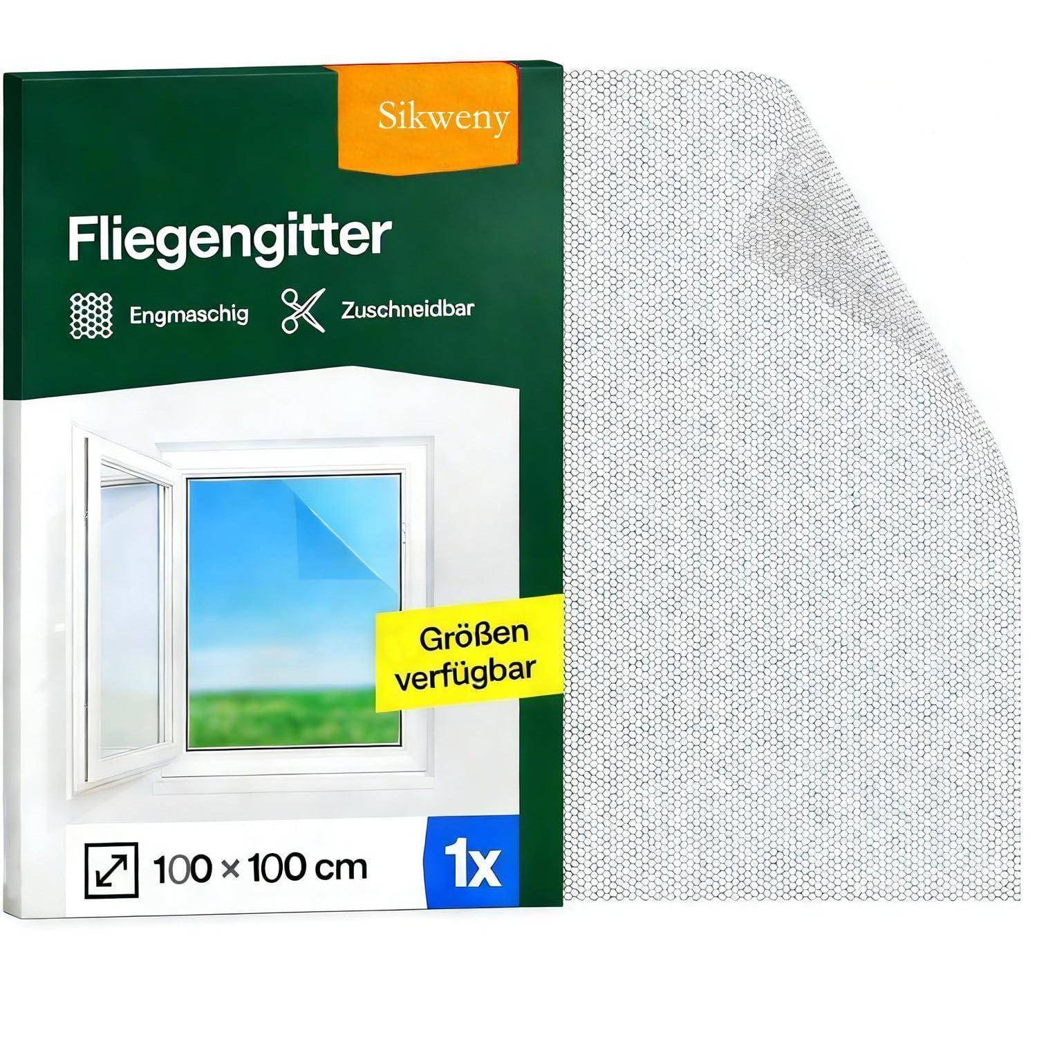 Verpackung für Sikwey Insektenschutznetz, gekennzeichnet mit 'Fliegengitter', 'Engmaschig', 'Zuschneidbar', 'Größen verfügbar', 100 x 100 cm, 1x.