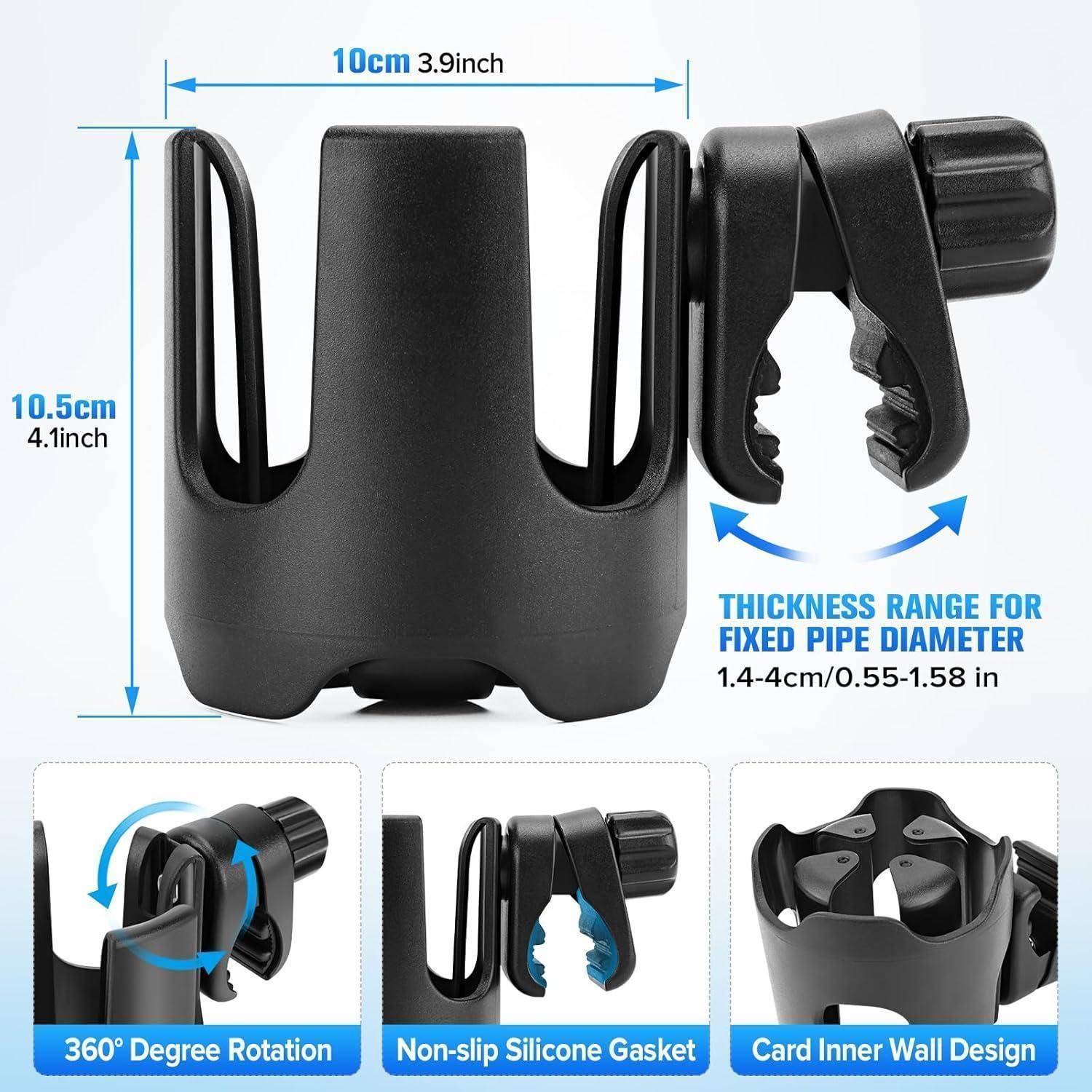 Schwarze verstellbare Becherhalter-Klammer mit Abmessungen von 10 cm x 10,5 cm, 360-Grad-Drehung, rutschfeste Dichtung und passend für Rohrdurchmesser von 1,4-4 cm.