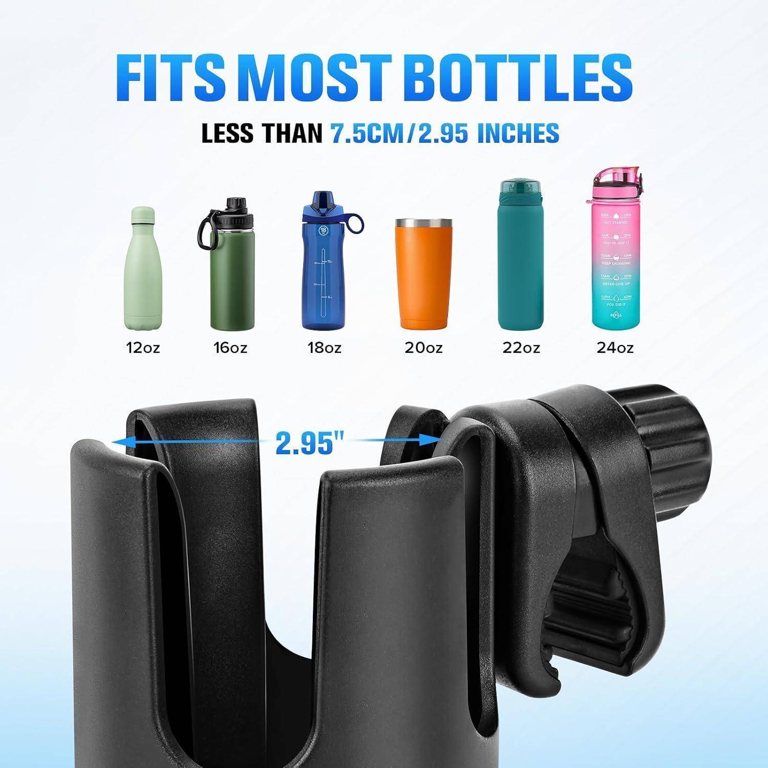 Flaschenhalter passt für die meisten Flaschen, die weniger als 7,5 cm/2,95 Zoll breit sind; zeigt kompatible Flaschengrößen von 12 oz bis 24 oz.