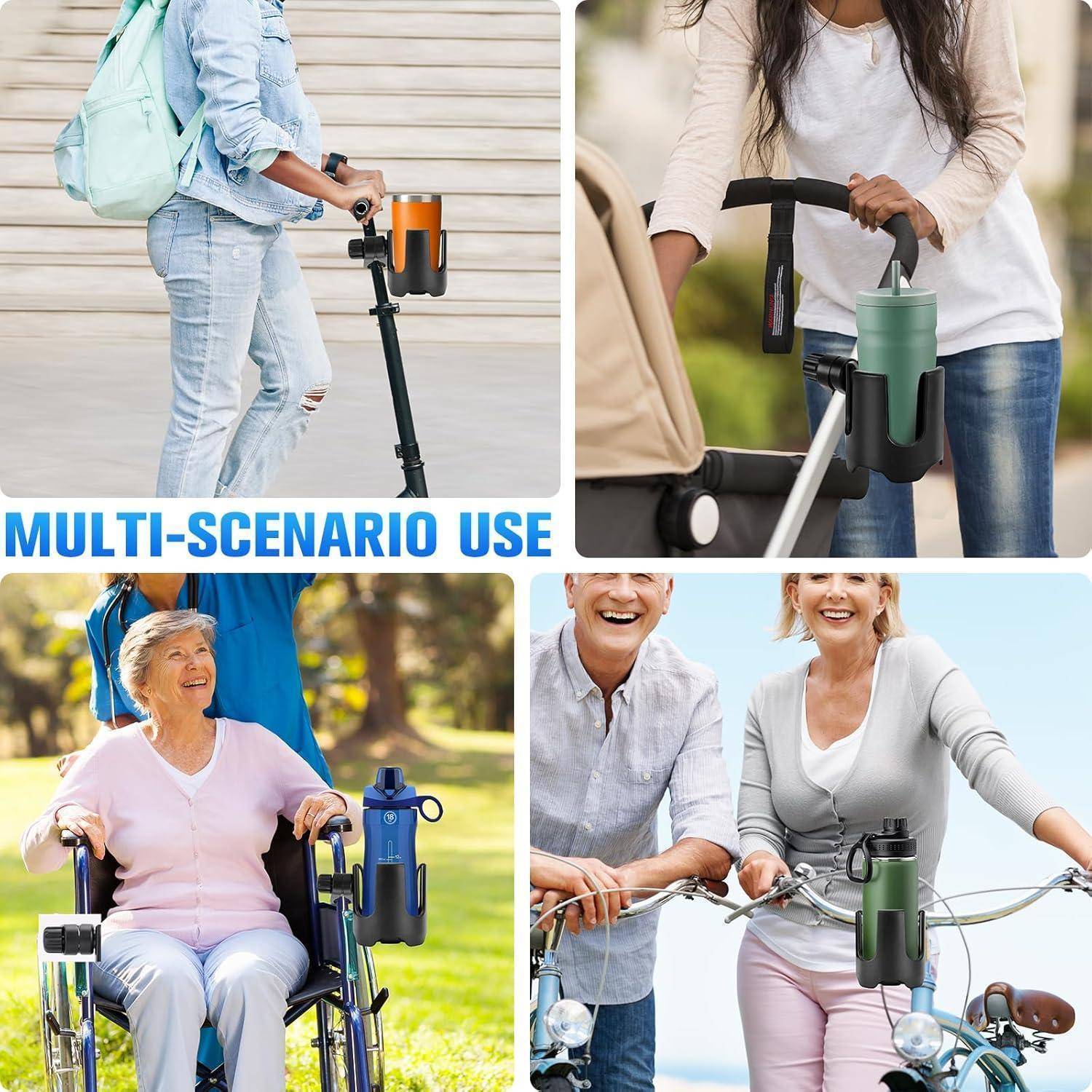 Collage zeigt einen Becherhalter, der an Kinderwagen, Rollstühlen und Gehhilfen befestigt ist, mit der Aufschrift „MULTI-SCENARIO USE