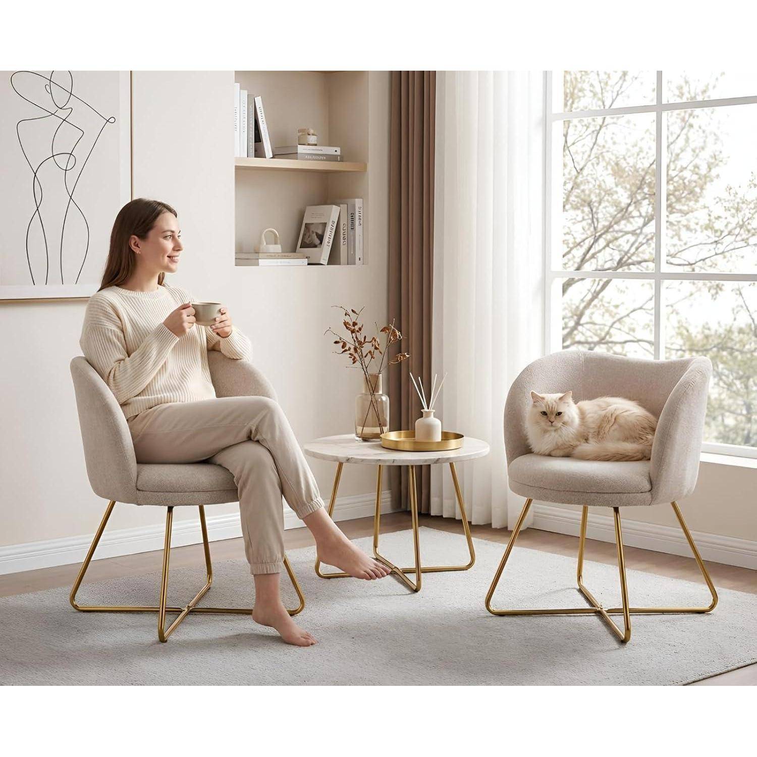 Ya-Home Sessel Chenille Beige Metallbeine Goldoptik