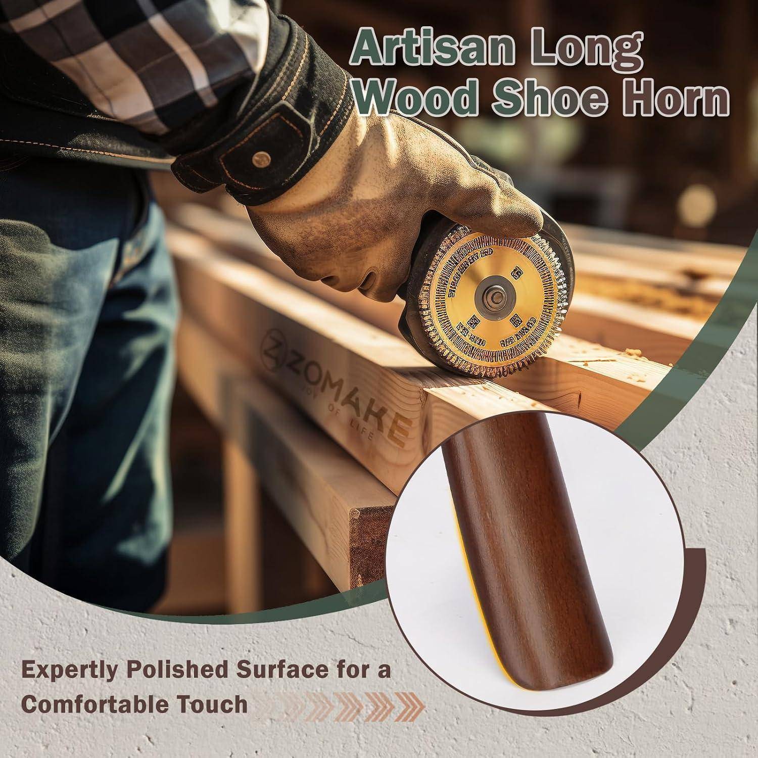 Werbebild eines behandschuhten Arbeiters, der eine Kreissäge auf Holz verwendet, mit der Beschriftung „Artisan Long Wood Shoe Horn