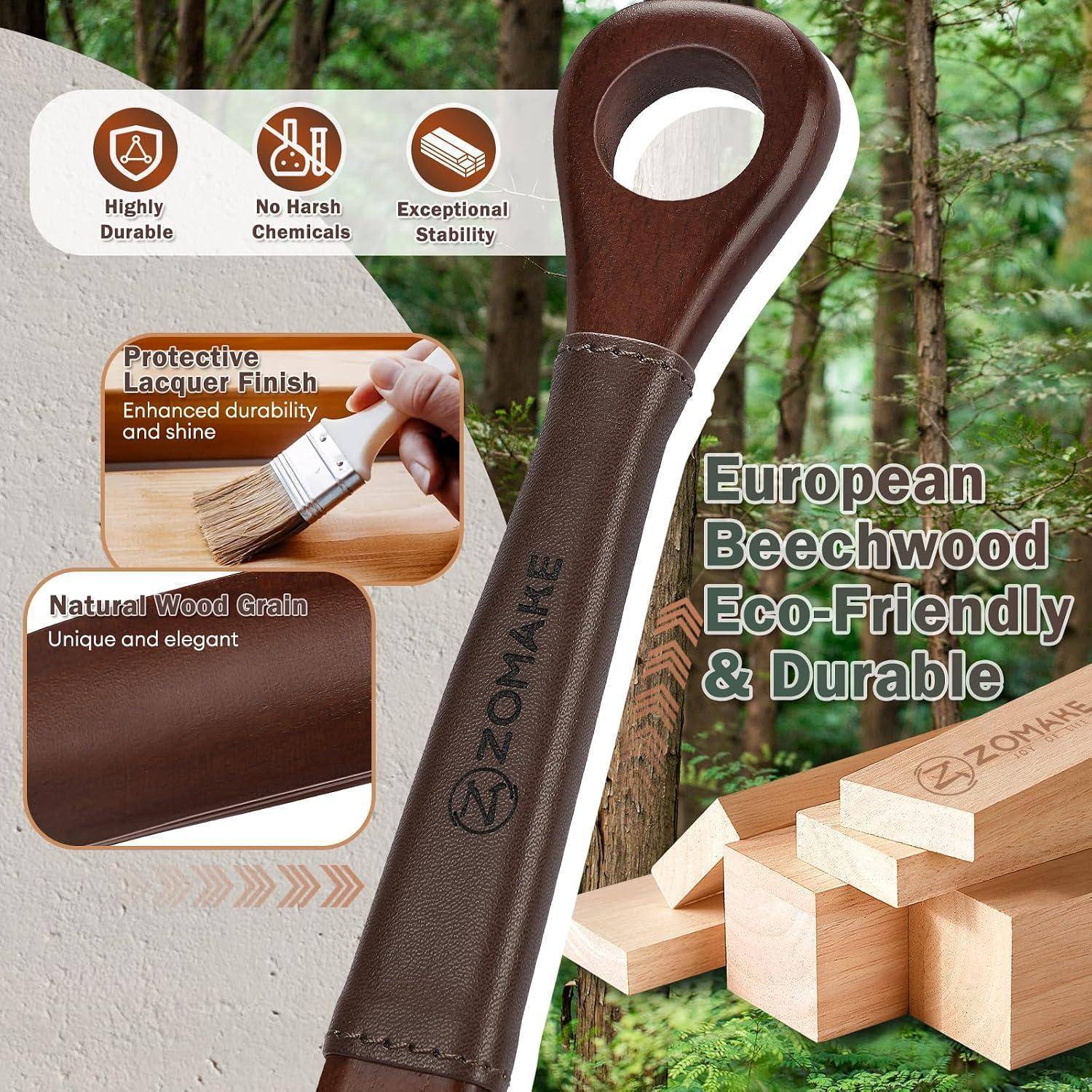 Werbegrafik eines Holzhakens mit Griff aus Europäischem Buchenholz mit der Aufschrift „Europäisches Buchenholz, Umweltfreundlich & Langlebig