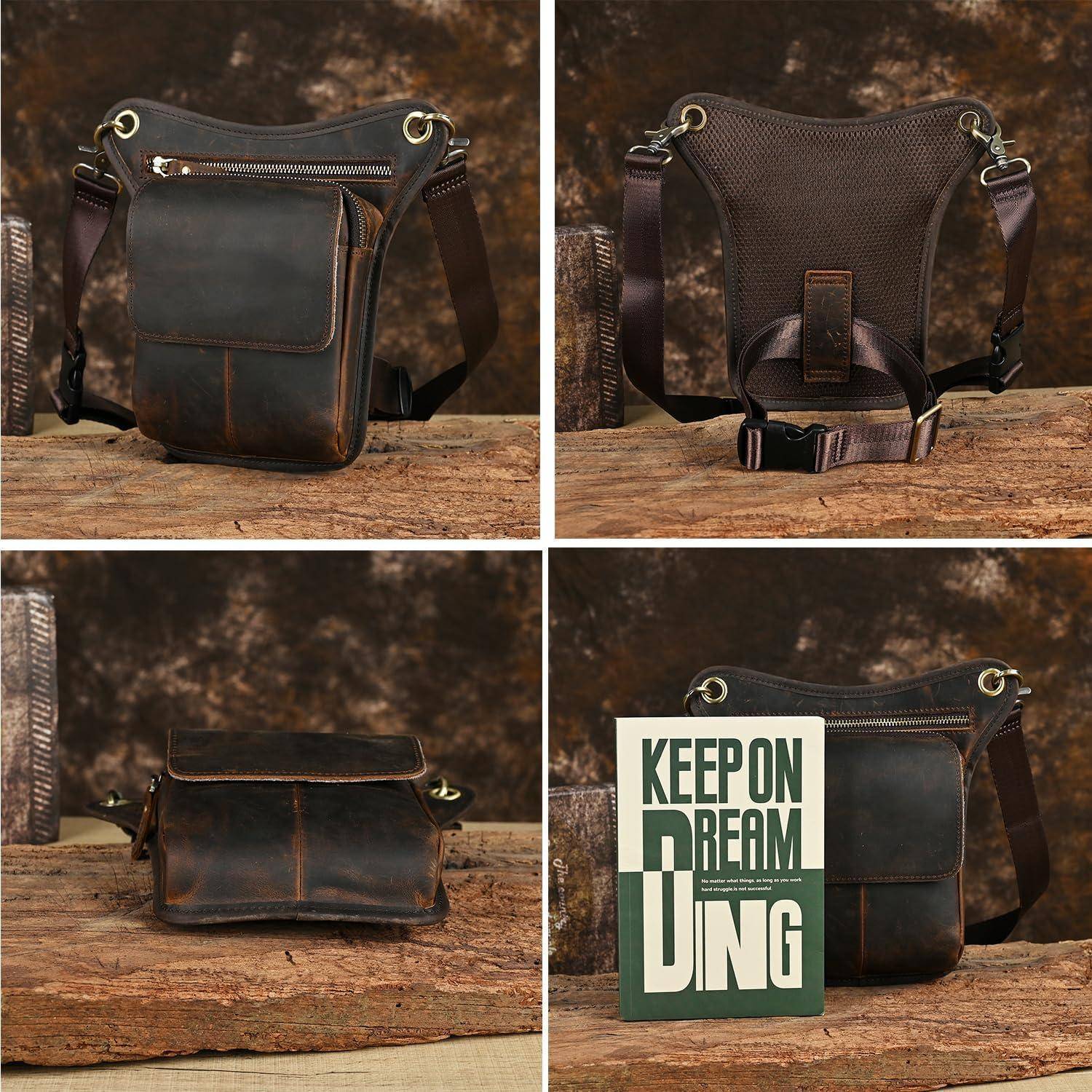 Eine braune Lederschultertasche von vorne, hinten, von der Seite und mit einem Buch zur Größenangabe gezeigt, mit Reiß- und Klapptaschen.