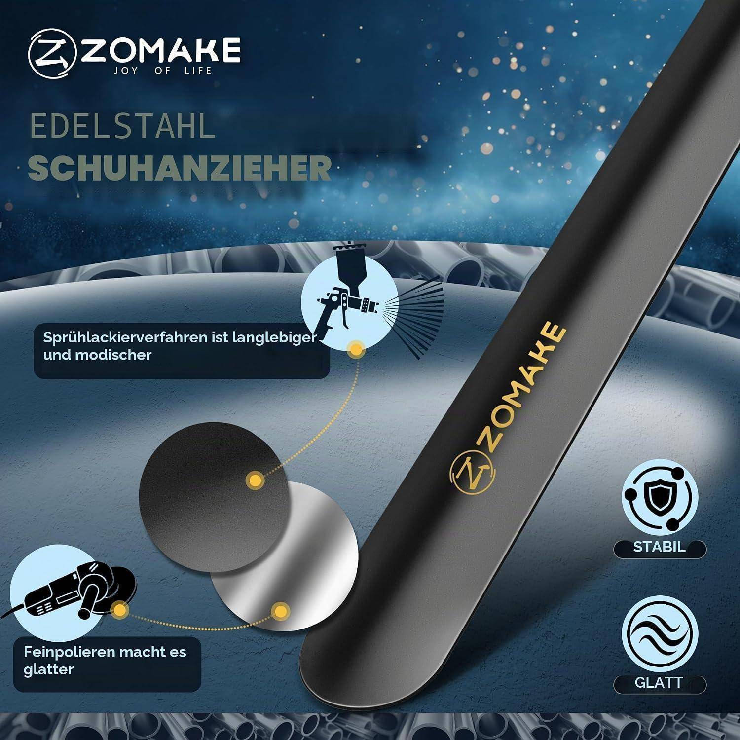 ZOMAKE Edelstahl-Schuhlöffel-Anzeige mit einem eleganten schwarzen Metallschuhlöffel mit gekennzeichneten Vorteilen: langlebige Sprühbeschichtung, glattere Feinpolitur, stabil und glatt.