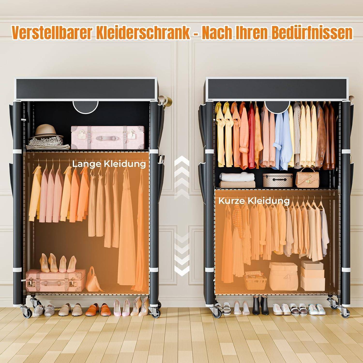Promotionale Grafik eines verstellbaren Kleiderschranks, der ein Layout für „Lange Kleidung