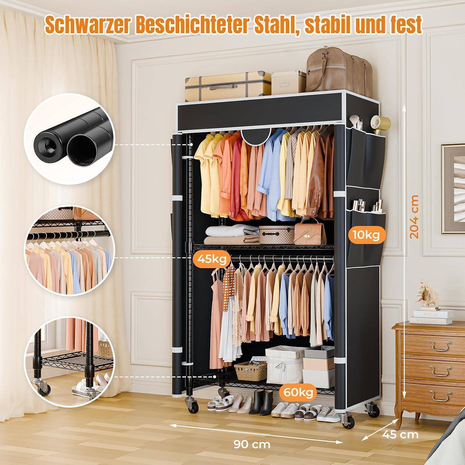 Tragbares Garderobenregal aus schwarzem Metall mit Regalen und Hängefläche, mit einer Breite von 90 cm, einer Tiefe von 45 cm, einer Höhe von 204 cm und Gewichtsgrenzen von 45 kg, 10 kg und 60 kg.