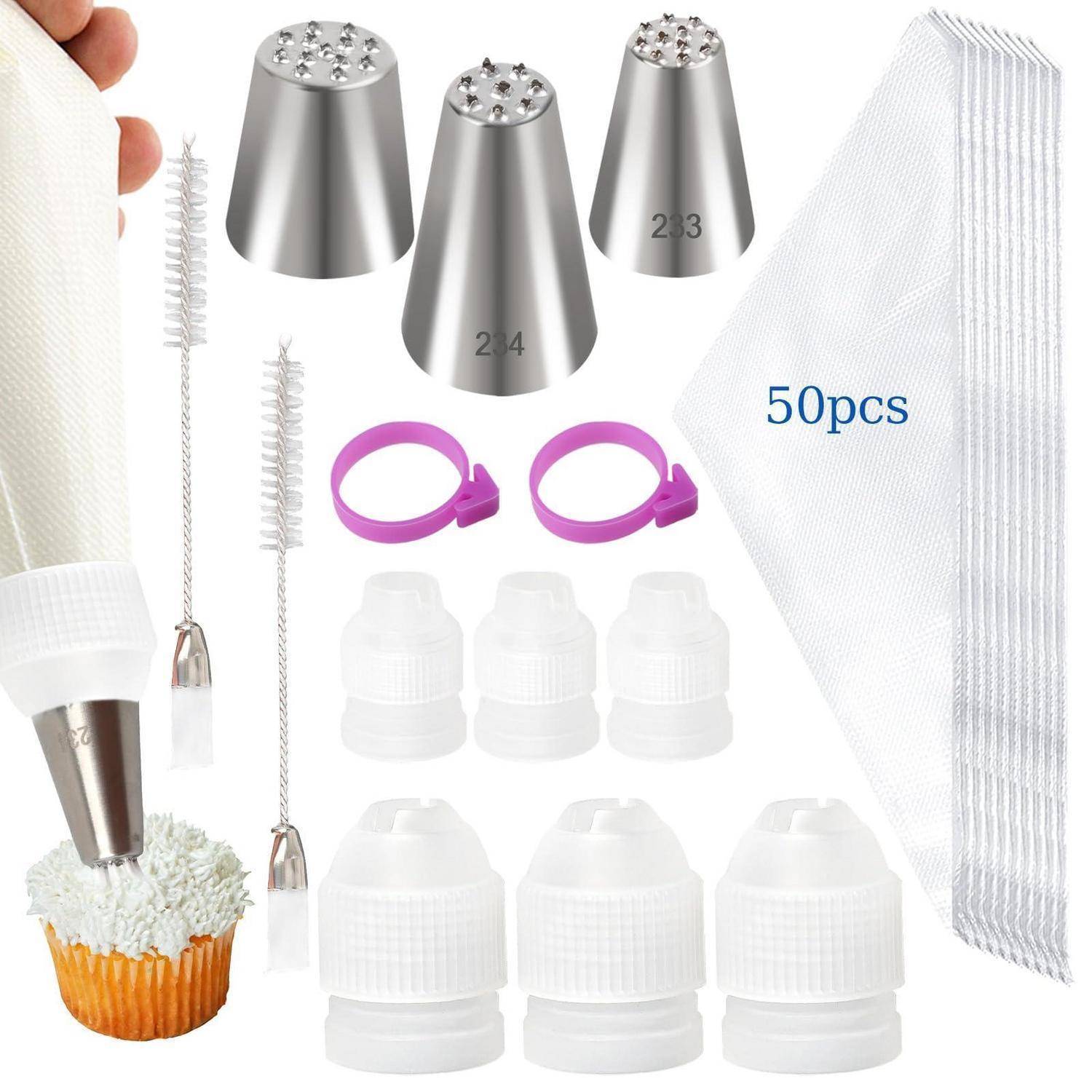 Spritzbeutel Set 63tlg. mit 50 Einwegbeutel, 3 Edelstahl-Tüllen, 6 Kupplungen, 2 Kabelbinder, 2 Bürsten