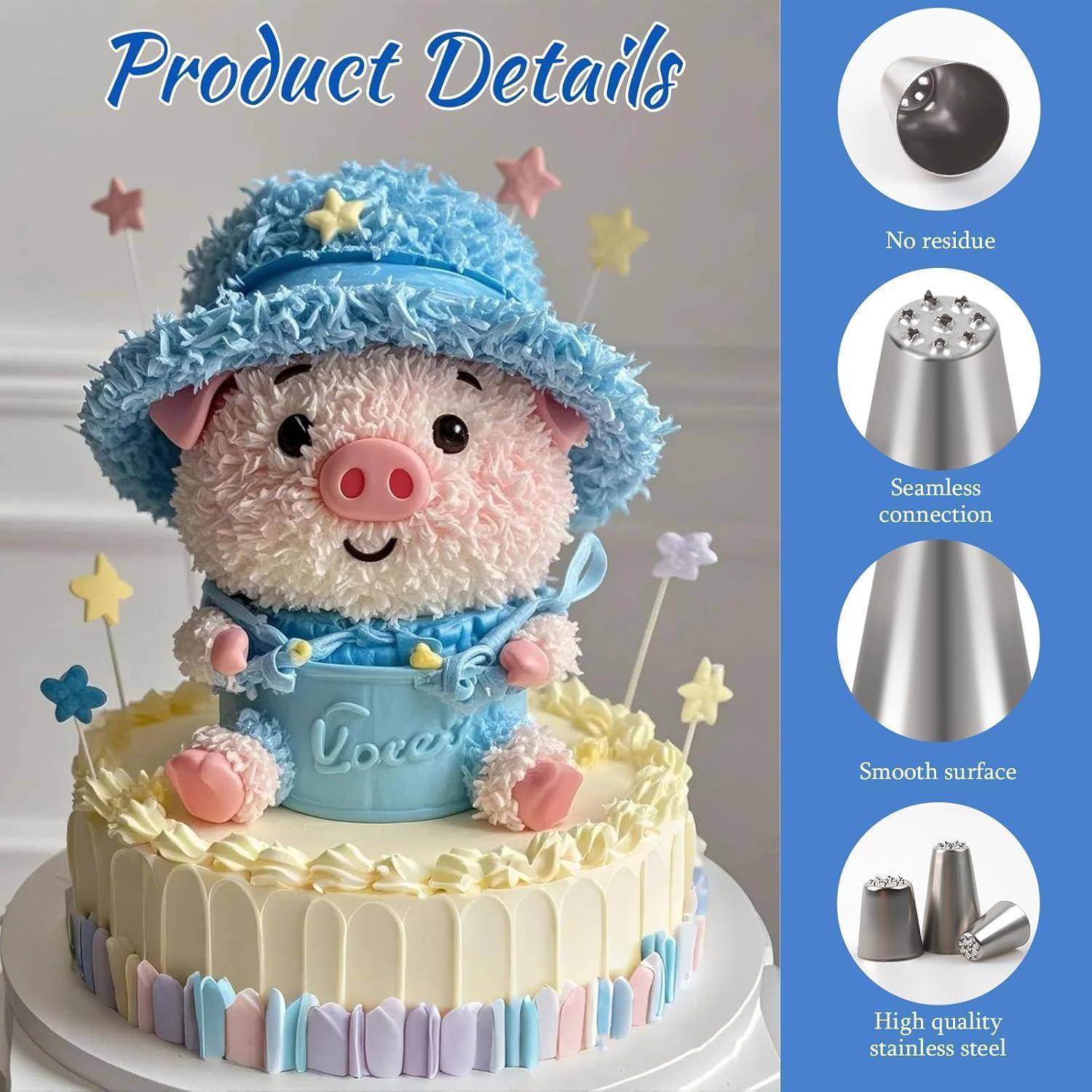 Produktdetails Bild eines schweinethematischen Kuchens, dekoriert in Blau und Gelb, mit Seitensymbolen, die keine Rückstände, nahtlose Verbindung, glatte Oberfläche und hochwertigem Edelstahl hervorheben.