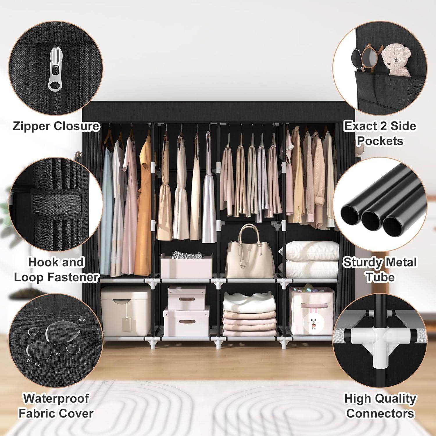 Tragbarer schwarzer Kleiderschrank mit hängender Kleidung, Regalen und Aufbewahrungsbehältern; eingefügte Bilderläuterungen heben Reißverschlussschluss, Seitentaschen, Klettverschluss, Metallrohre, wasserdichte Abdeckung und Verbindungselemente hervor.
