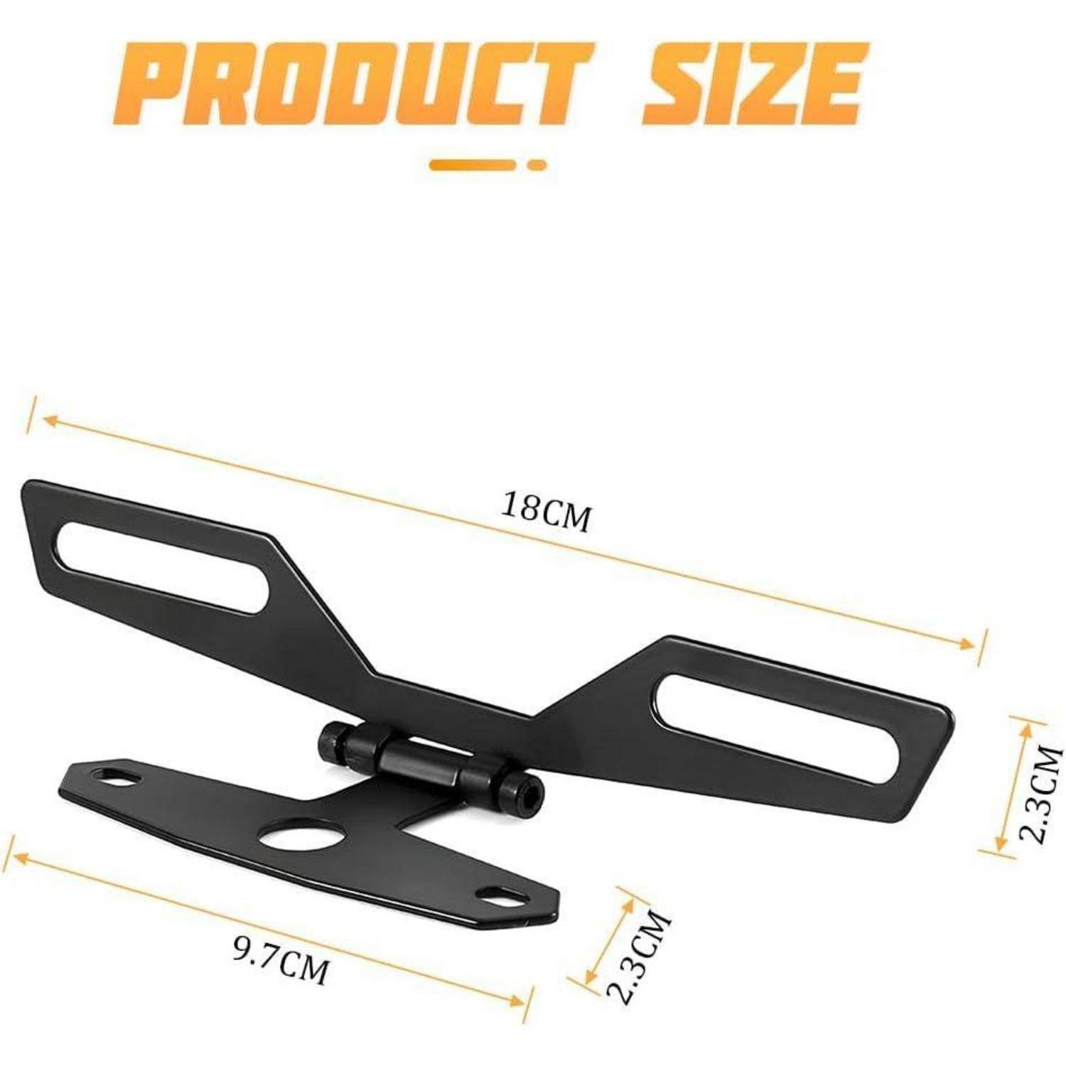Produktgrößendiagramm mit einer schwarzen Metallhalterung mit Abmessungen: 18 cm breit, 9,7 cm Basislänge und 2,3 cm Höhe.