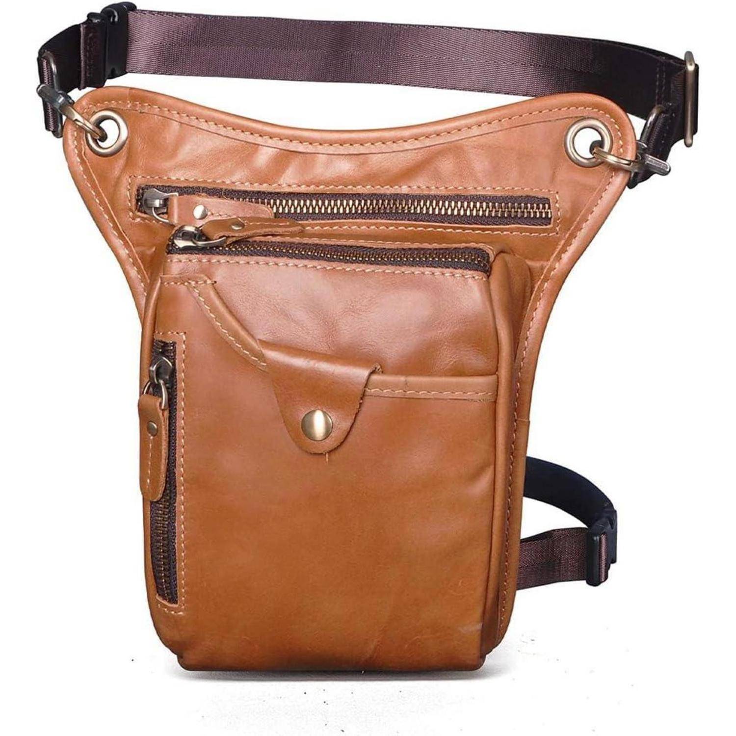 Braune Ledertasche für die Taille mit verstellbaren Riemen und mehreren Reißverschlusstaschen, abgebildet auf weißem Hintergrund.