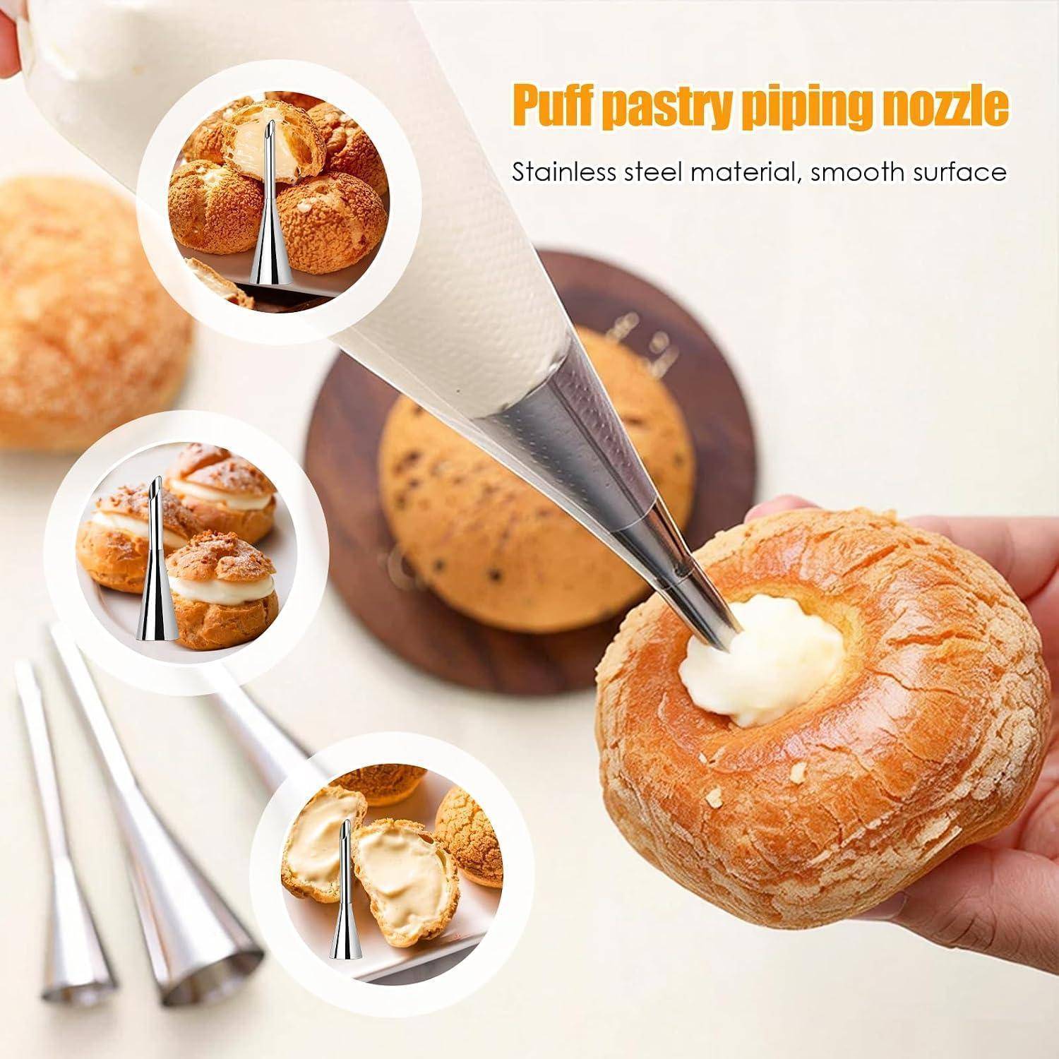 Anzeige zeigt eine Edelstahl-Spritztülle für Blätterteig, die eine Konditorware mit Creme füllt, mit eingefügten Beispielen zum Verzieren von Brötchen und Gebäck.
