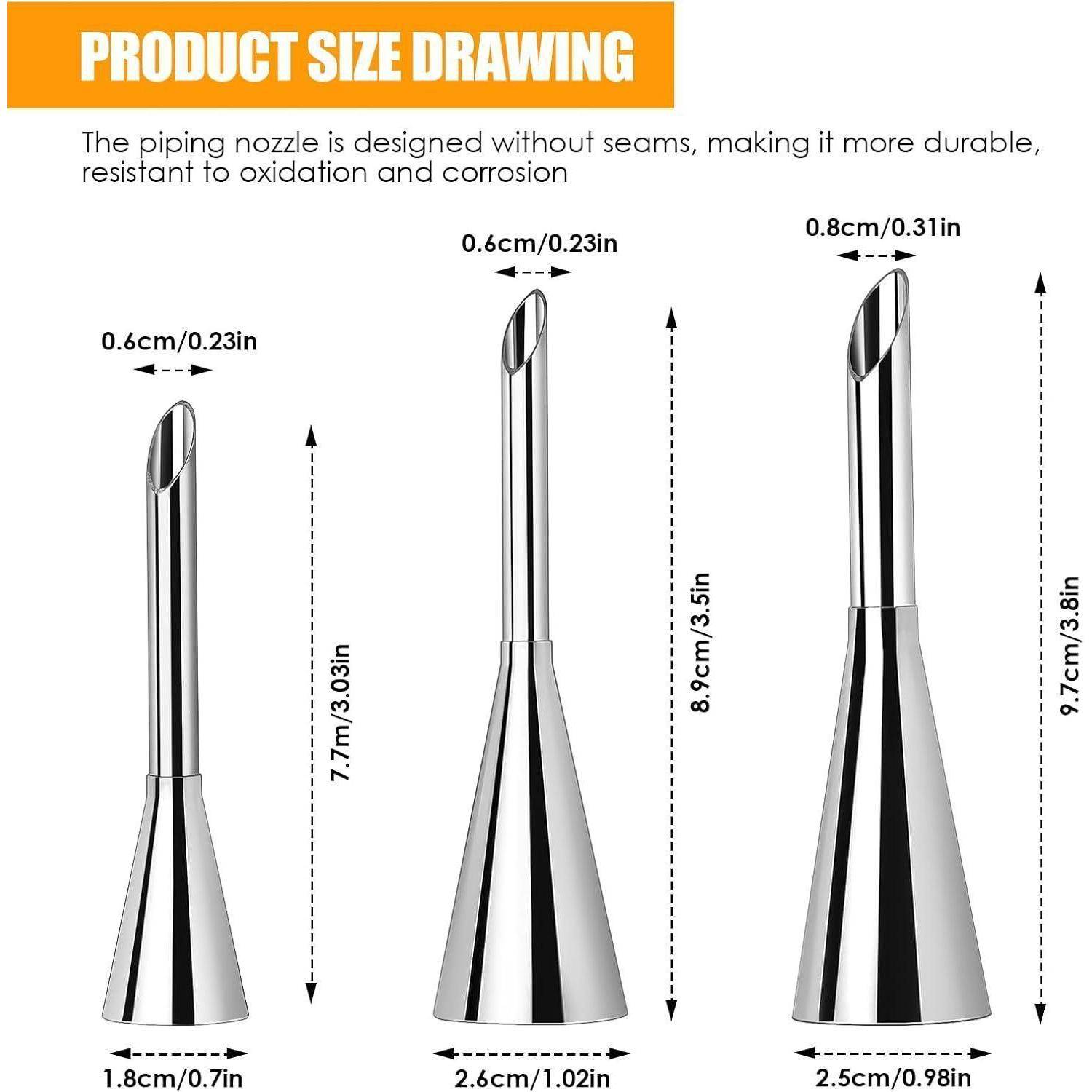 Produktgrößenzeichnung von drei Edelstahl-Rohrnozzles, die Abmessungen zeigen: 7,7 cm x 1,8 cm, 8,9 cm x 2,6 cm und 9,7 cm x 2,5 cm, mit Öffnungen von 0,6 cm bis 0,8 cm.