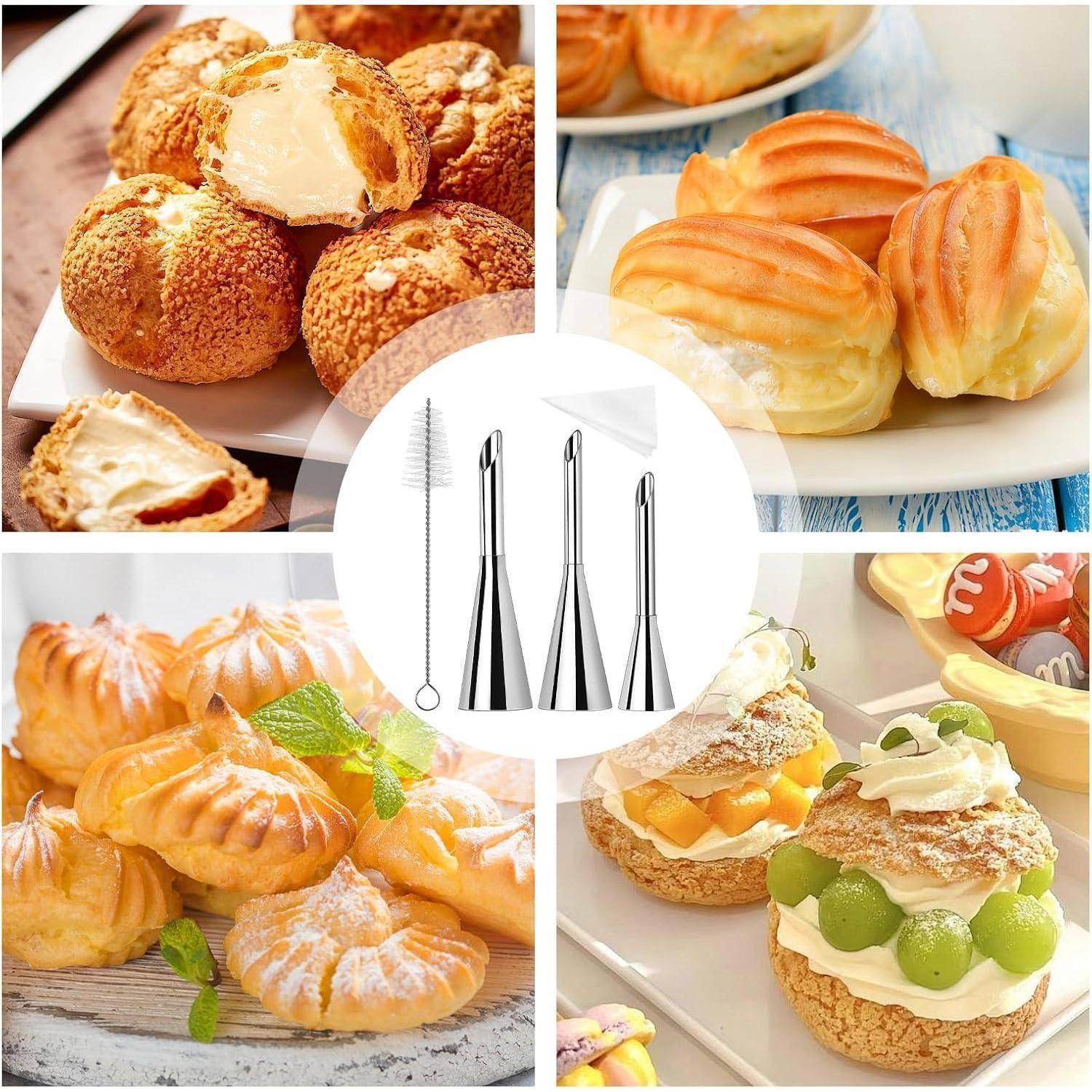 Collage aus Gebäck und Windbeuteln mit einem zentralen Set von Spritzdüsen und einem Dekorationspinsel, das Werkzeuge zum Füllen und Verzieren von Desserts zeigt.