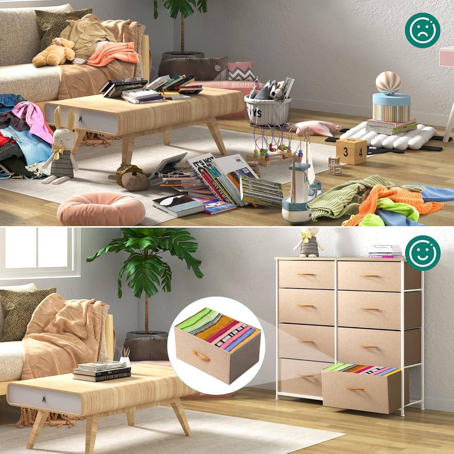Das geteilte Bild zeigt ein unordentliches Wohnzimmer mit verstreuten Spielzeugen, Büchern und Kleidung sowie eine ordentliche Version mit Gegenständen, die in einer Schublade organisiert sind, und ein aufgeräumtes Zimmer.