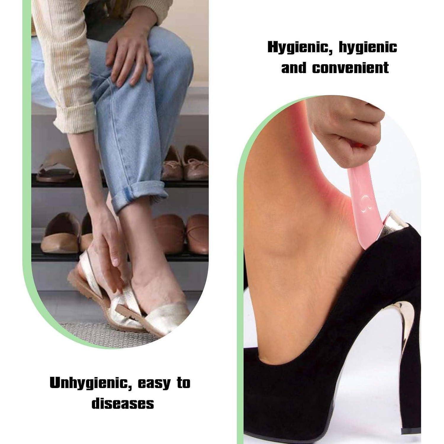 Anzeigenvergleich mit zwei Schuhentfernungsmethoden: Links zeigt eine Person, die sich bückt, um einen High Heel zu entfernen, mit der Beschriftung „Unhygienisch, anfällig für Krankheiten