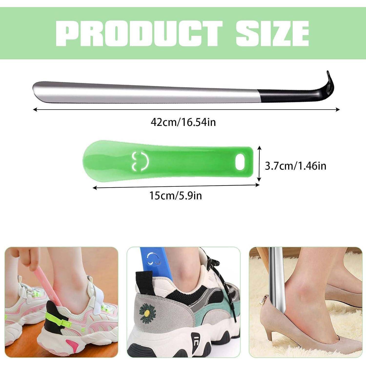 Größenleitfaden für Produkte mit einem 42 cm Schuhlöffel und einem 15 cm grünen Griff, mit Fotos zur Verwendungshilfe beim mühelosen Anziehen von Schuhen ohne sich zu bücken.
