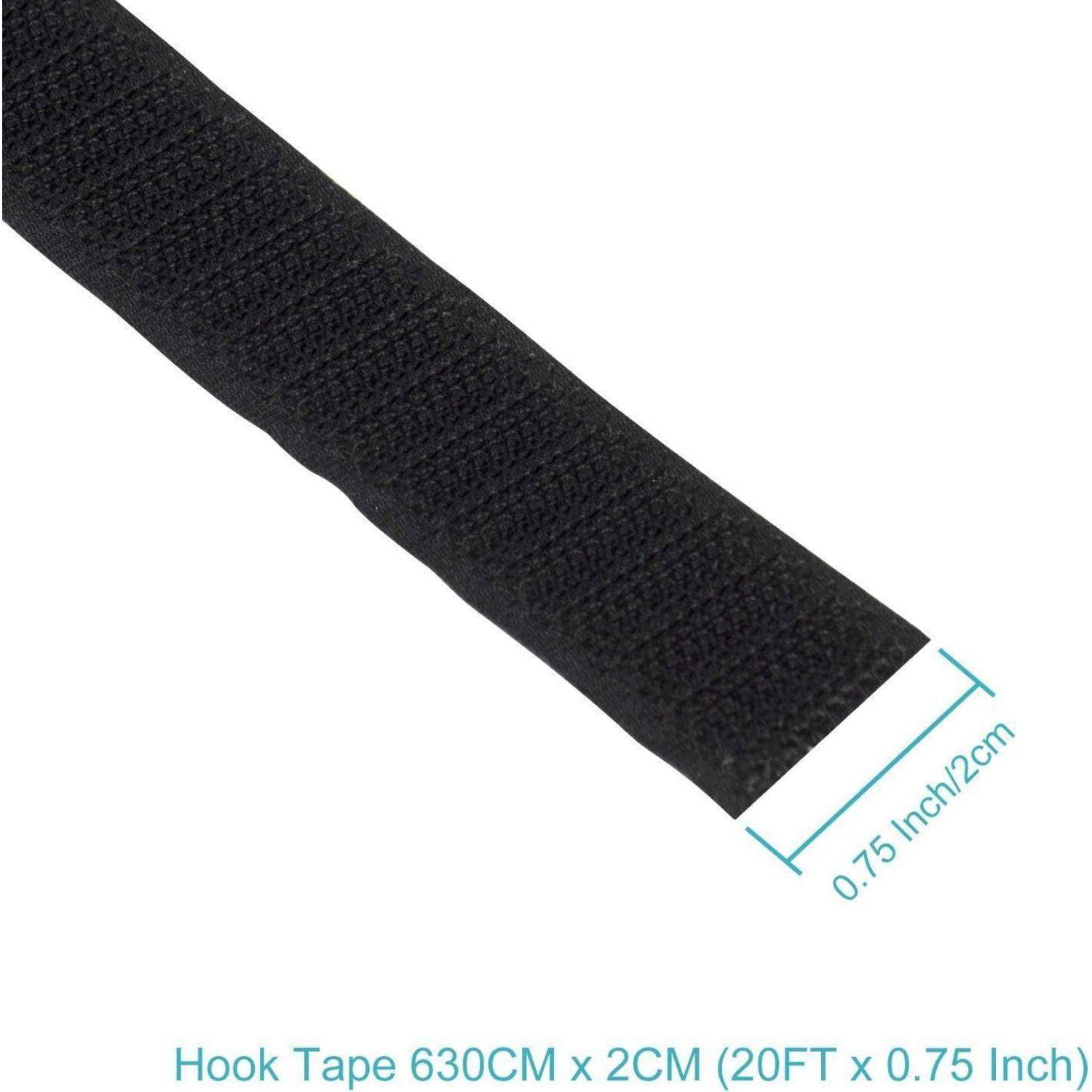 Schwarzer Hakentapstreifen mit Beschriftung "Hook Tape 630CM x 2CM (20FT x 0.75 Inch)"" mit einer Breite von 0,75 Zoll/2 cm dargestellt.