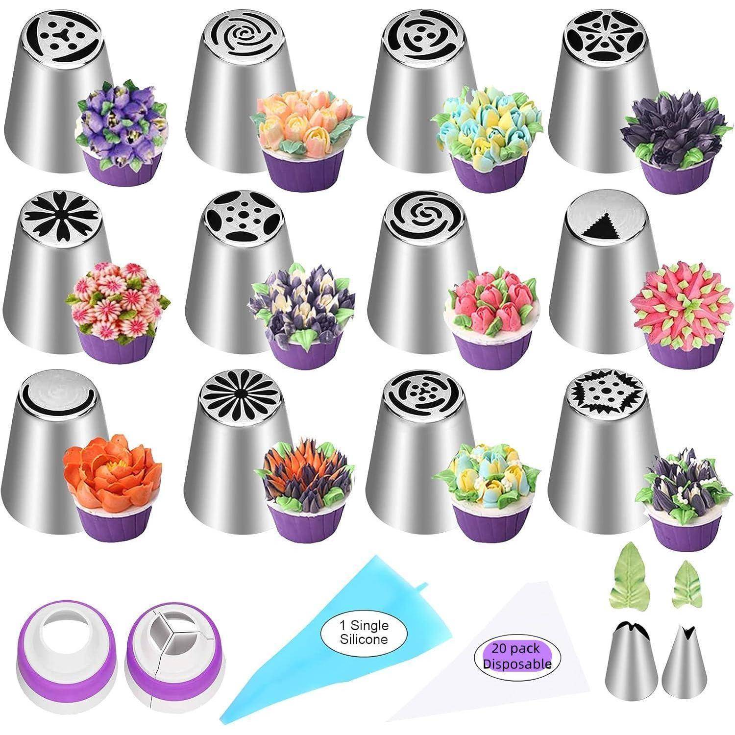 Set aus 20 wiederverwendbaren Silikonspritzdüsen mit blumenverziertem Kuchendesign, plus wiederverwendbarer Adapter, Spritzbeutel und Blattspitzen zum Verzieren von Cupcakes.