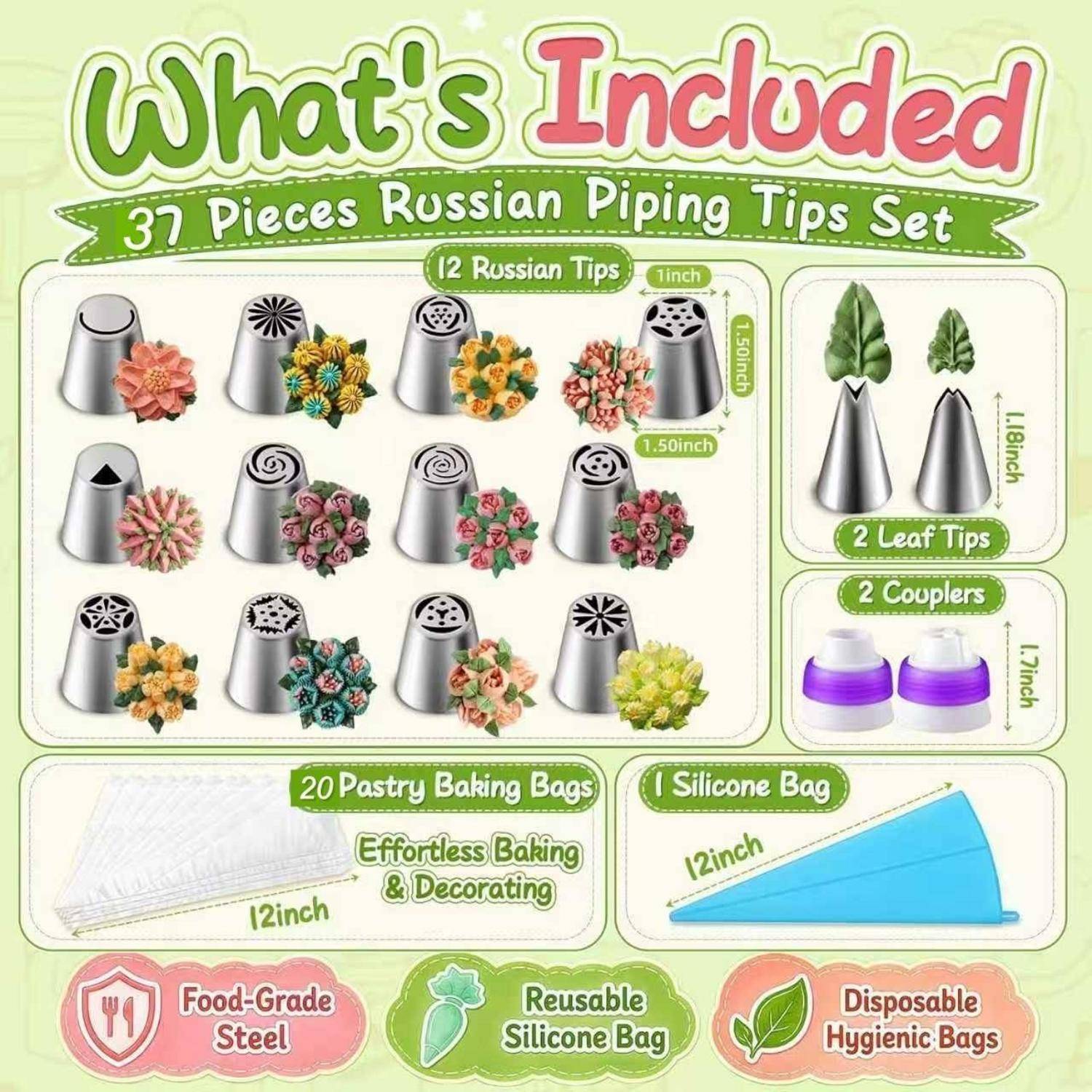 Produktinfografik, die ein 37-teiliges russisches Spritzbeutel-Set zeigt, bestehend aus 12 Spritztüllen, 2 Blatt-Tüllen, 2 Kupplungen, 20 Spritzbeuteln und 1 Silikon-Spritzbeutel.