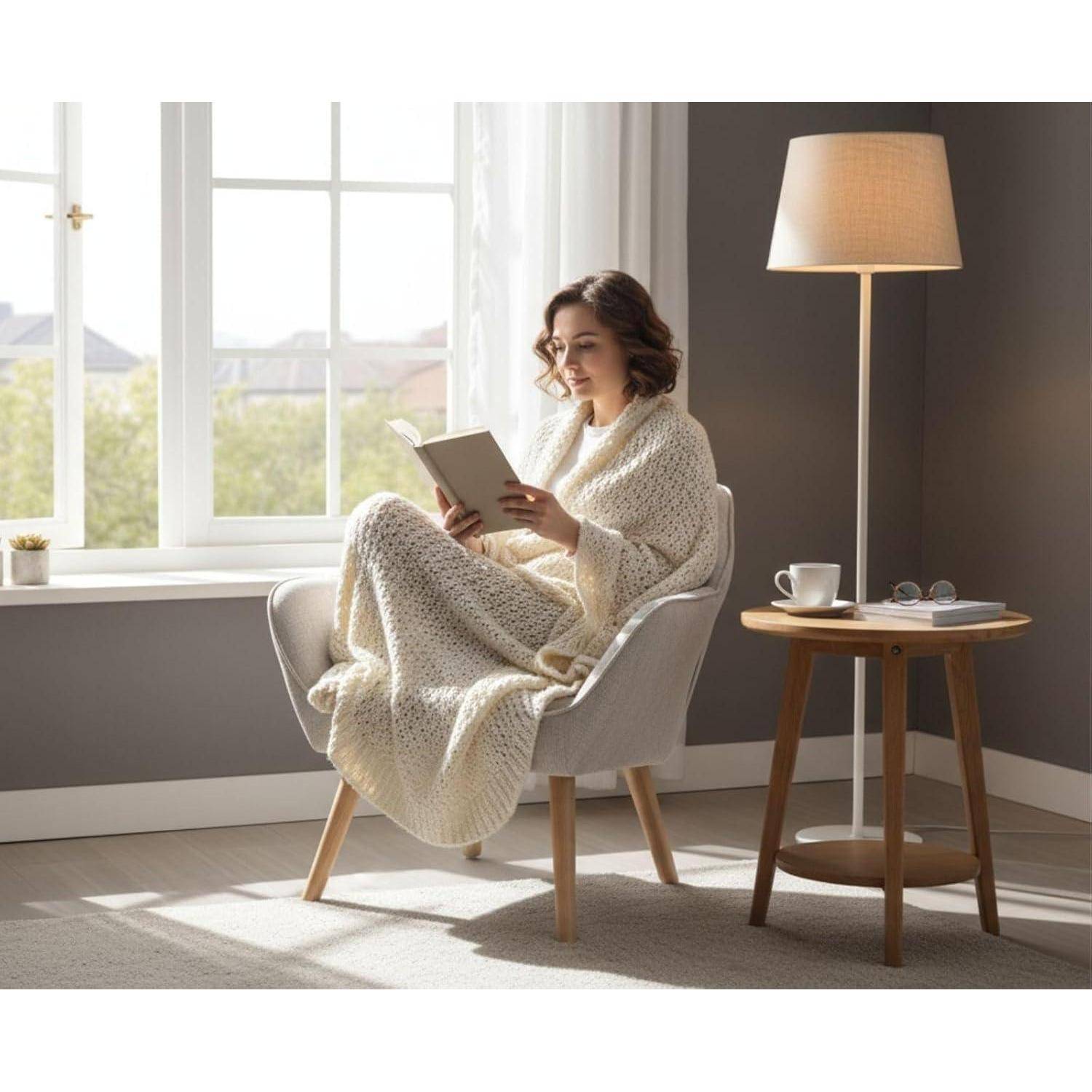 Eine Frau, in eine Decke gehüllt, liest ein Buch in einem Sessel neben einem Fenster, mit einer Stehlampe und einem Beistelltisch in einem gemütlichen Zimmer.