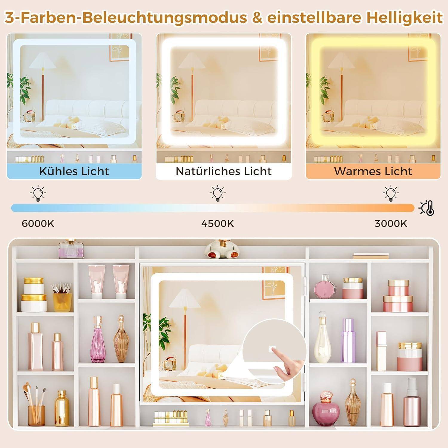 Schminktisch mit Spiegel, Beleuchtung, Steckdosen, 10 Schubladen, Weiß