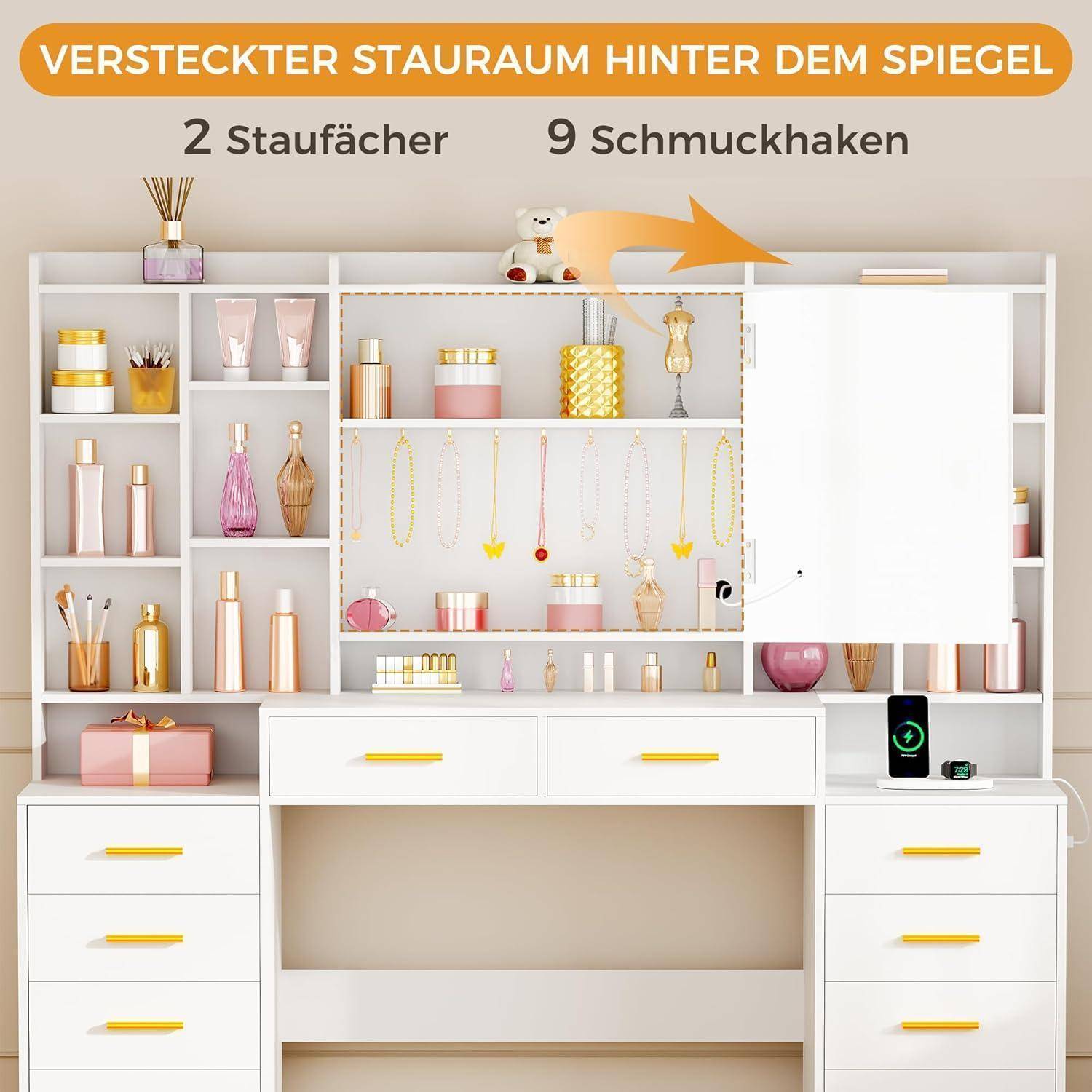 Illustration eines Schmuckschranks mit verborgenem Stauraum hinter einem Spiegel, beschriftet mit „2 Staufächer