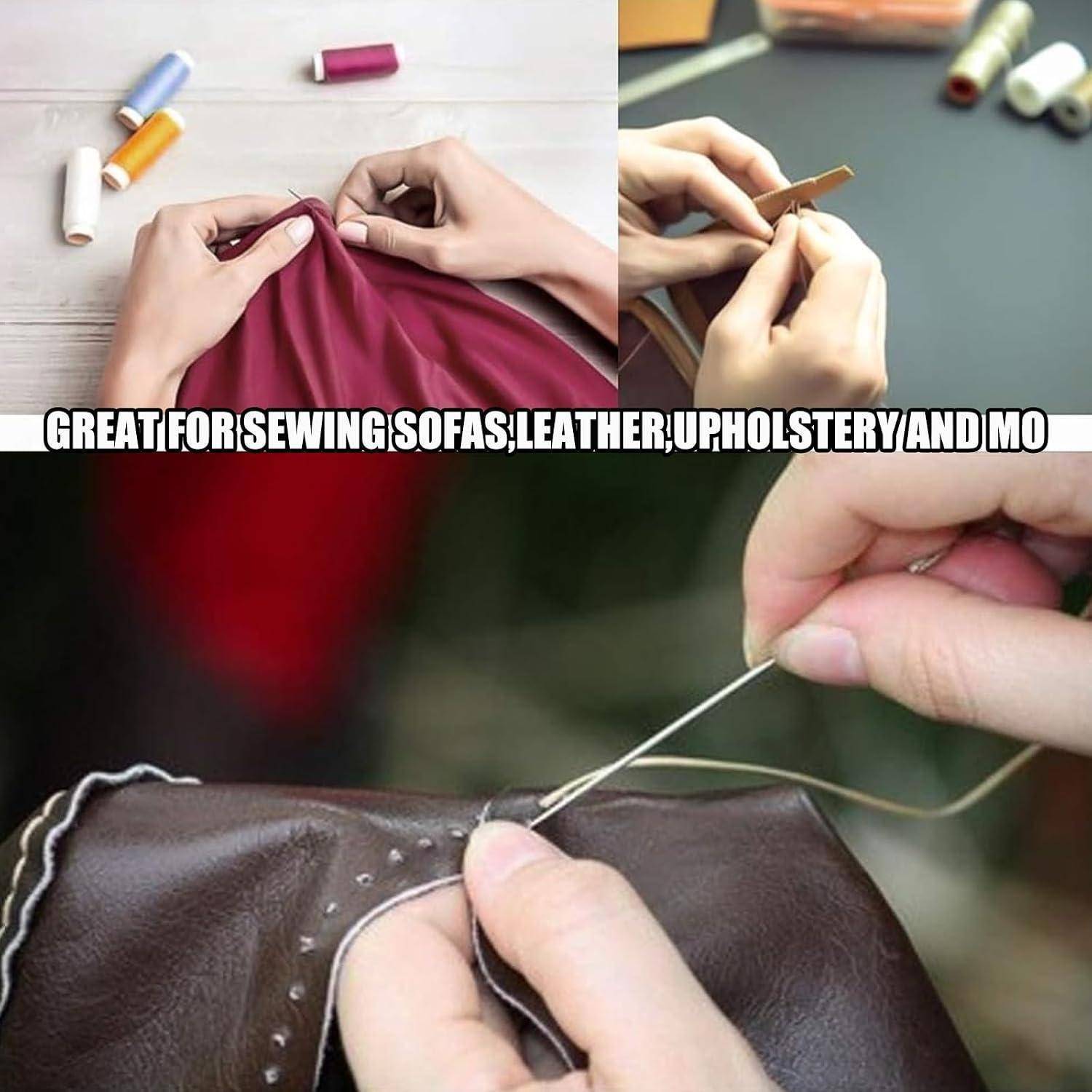 Hände nähen und flicken Leder oder Polsterung mit Faden, gezeigt als eine Nahaufnahme einer DIY-Reparaturdemonstration.