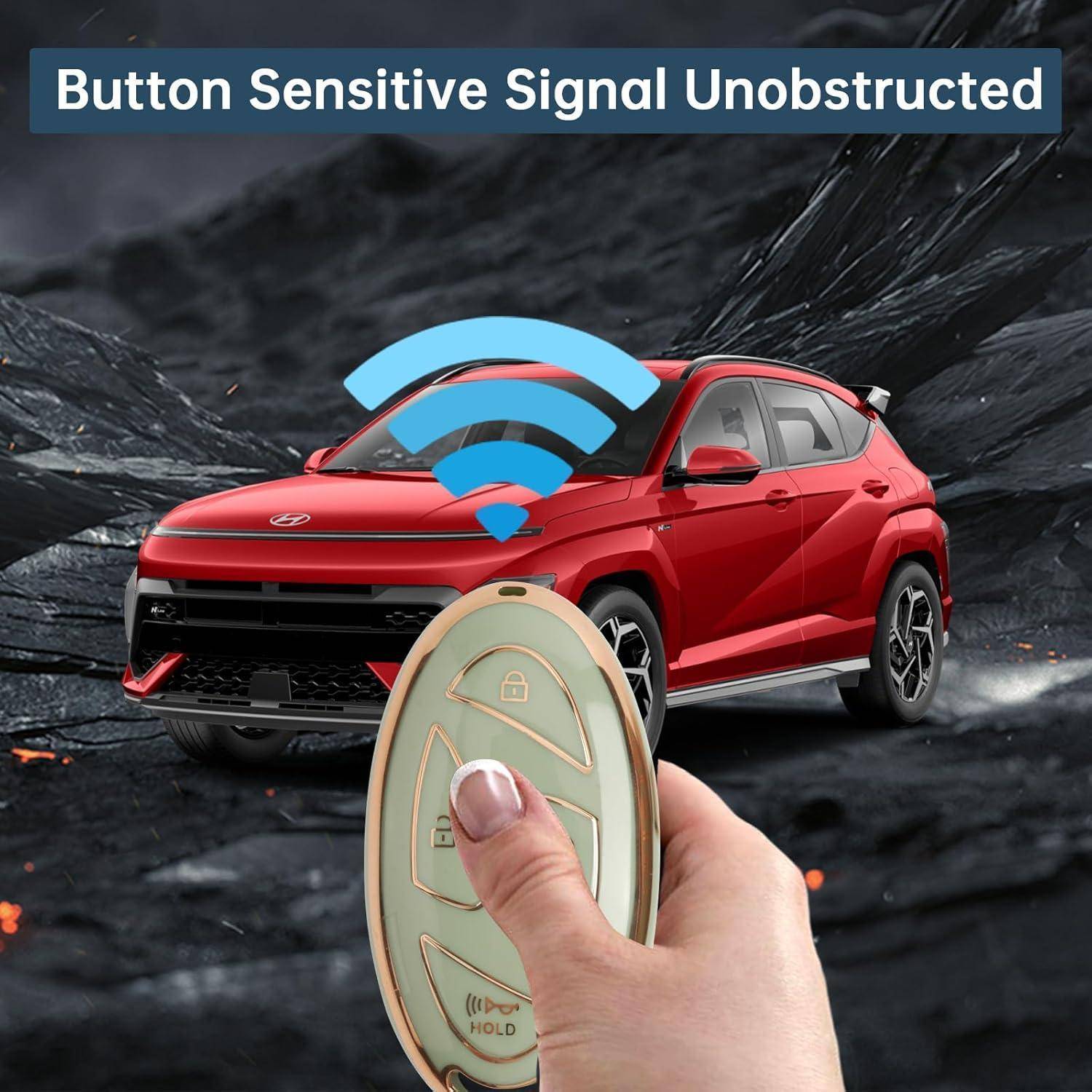 Roter Hyundai-SUV mit einer Schlüsselanhänger-Fernbedienung und kabellosem Signalsymbol, das die Illustration einer knopfempfindlichen Fernsteuerung oder des schlüssellosen Zugangs darstellt.