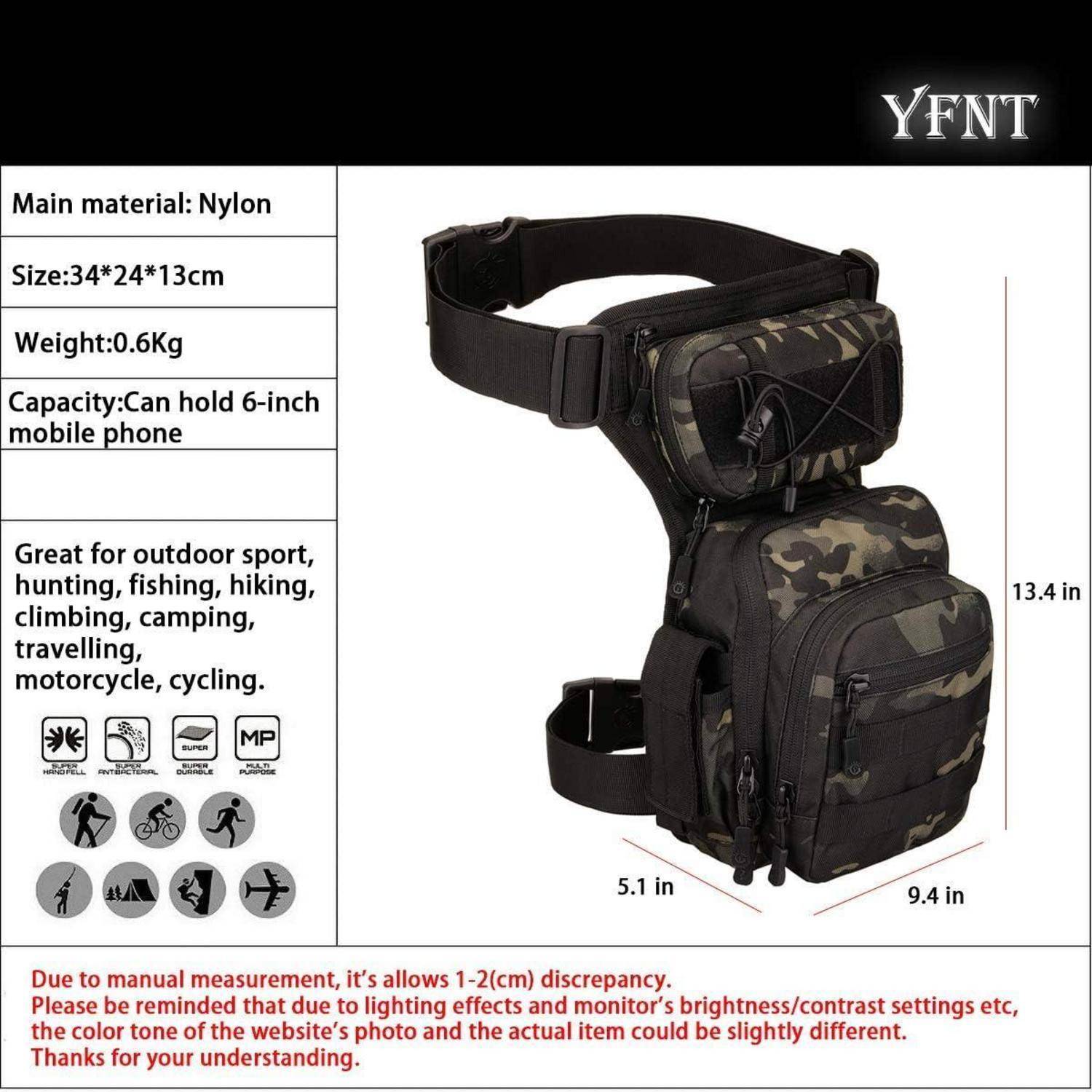 Schwarze Nylon-Taktik-Oberschenkeltasche mit verstellbarem Riemen, gezeigt mit Abmessungen von 13,4 x 9,4 x 5,1 Zoll und Text, der auf Platz für 6-Zoll-Telefone und Outdoor-Nutzung hinweist.