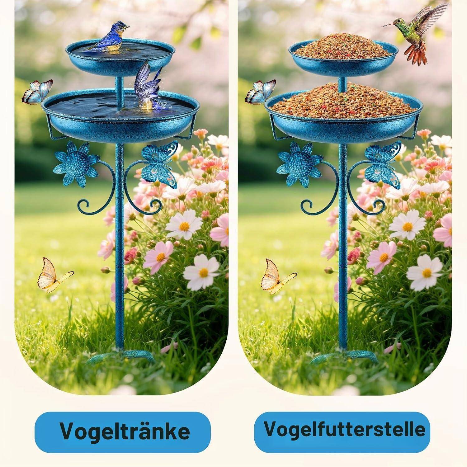 Vogeltränke Stehend Metall 2-in-1 Vogelbad Futterspender Blau