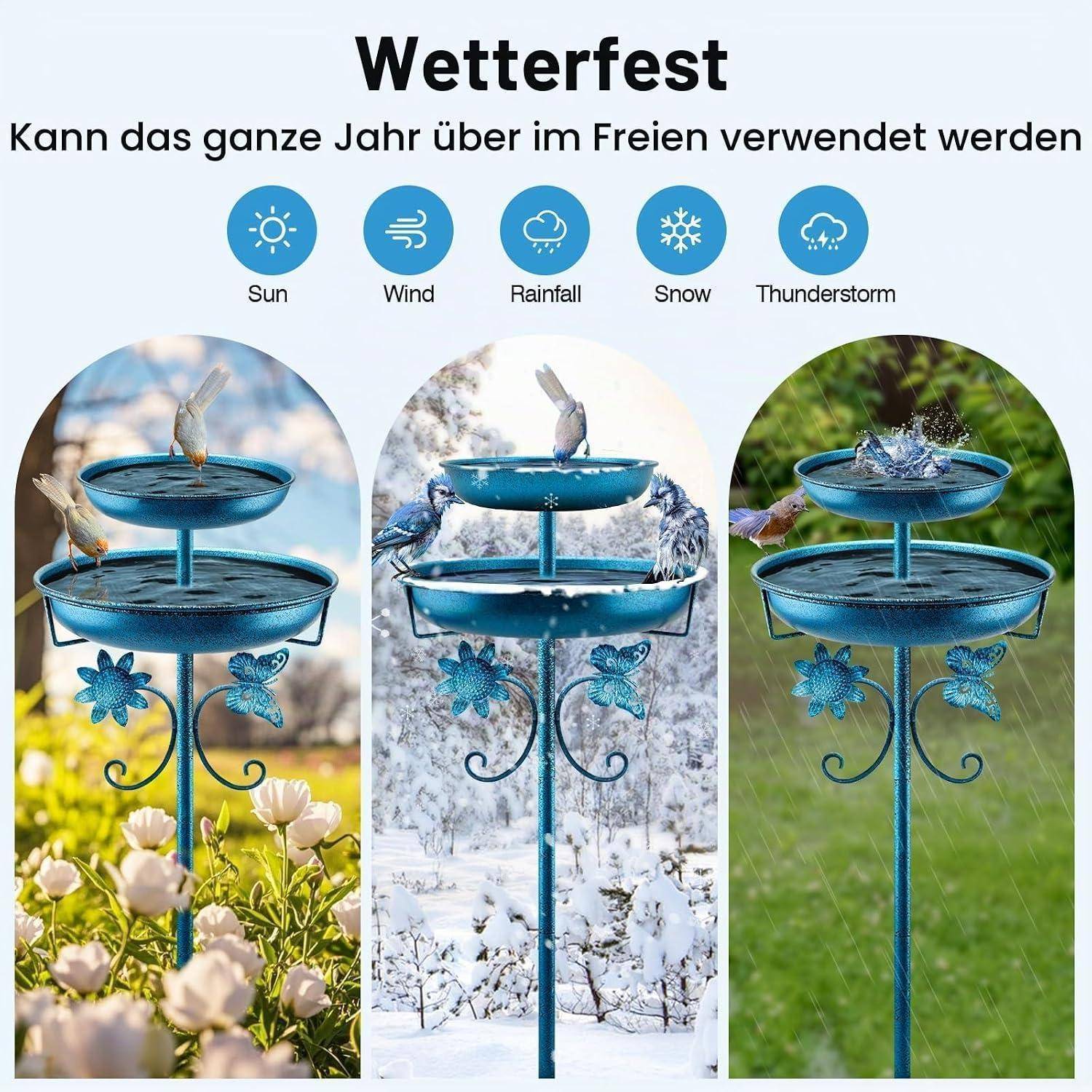 Vogeltränke Stehend Metall 2-in-1 Vogelbad Futterspender Blau