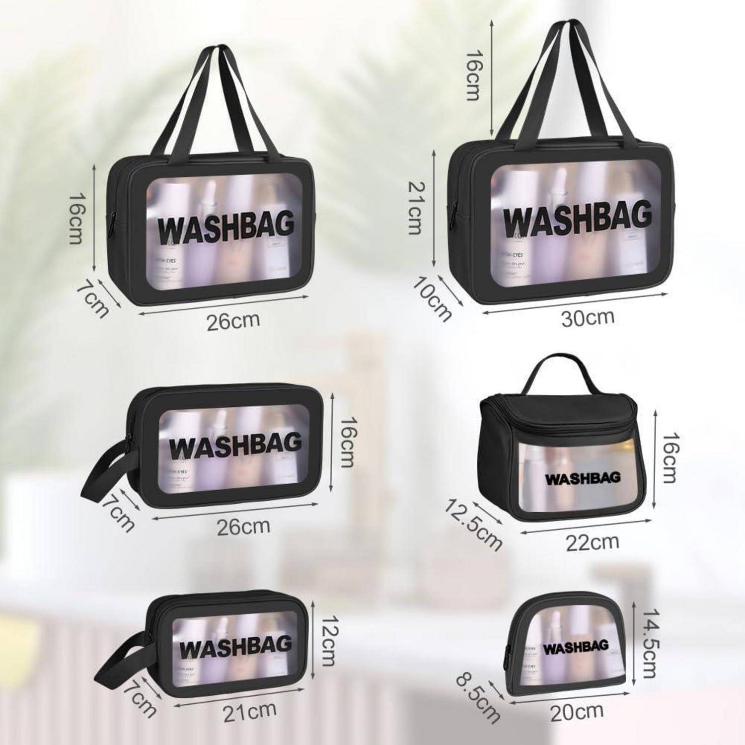 Größentabelle mit sechs transparenten Kulturbeutel-Stilen, jeder mit der Bezeichnung „WASHBAG