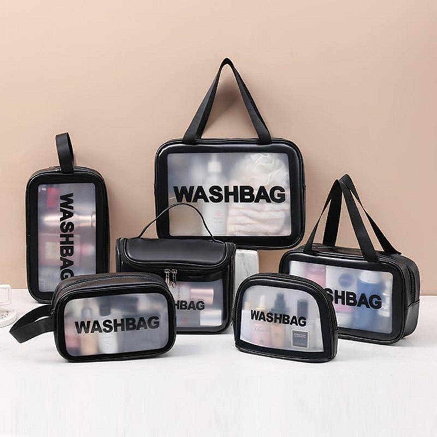 Transparente Kulturbeutel PU-Leder PVC 6er Set Schwarz