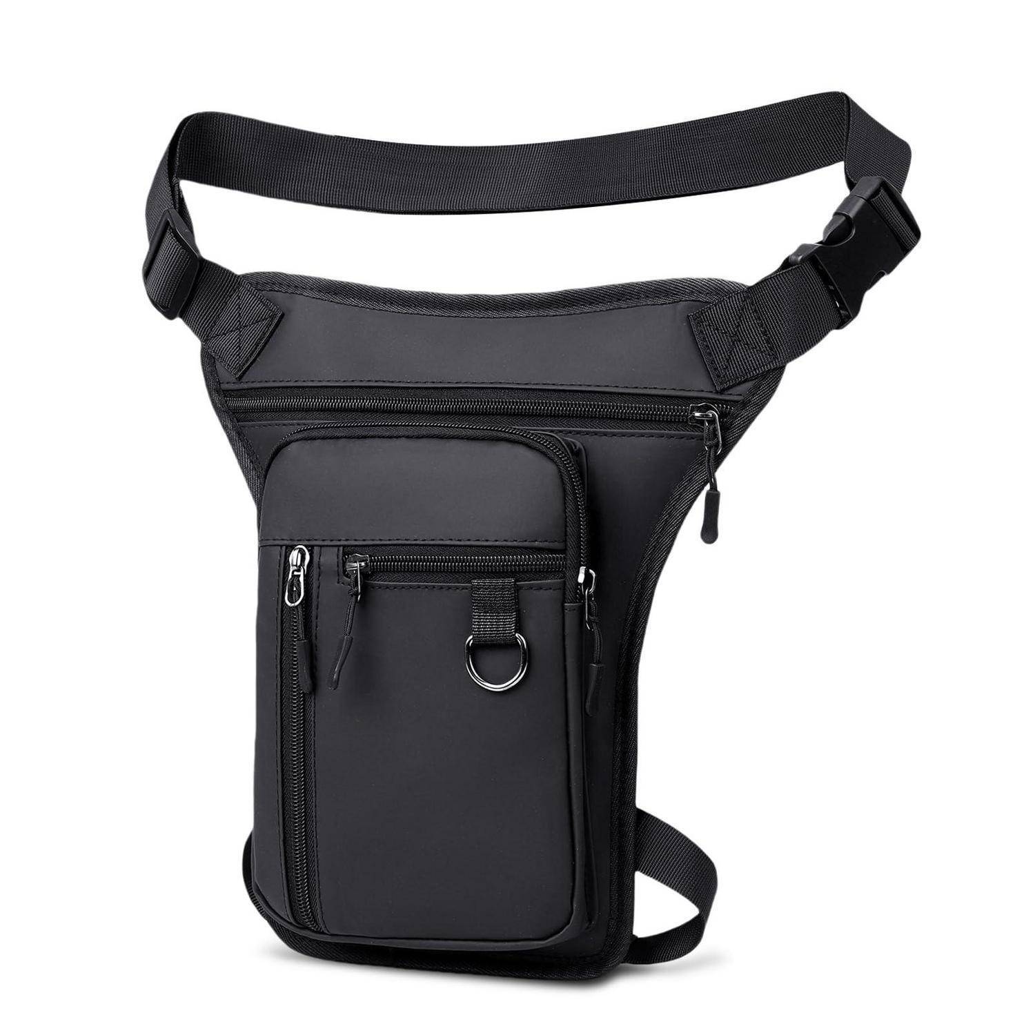 Schwarze Oberschenkelholster-Tasche mit verstellbarem Hüft- und Oberschenkelgurt, mehreren Reißverschlusstaschen und einer vorderen Klapptasche auf weißem Hintergrund.