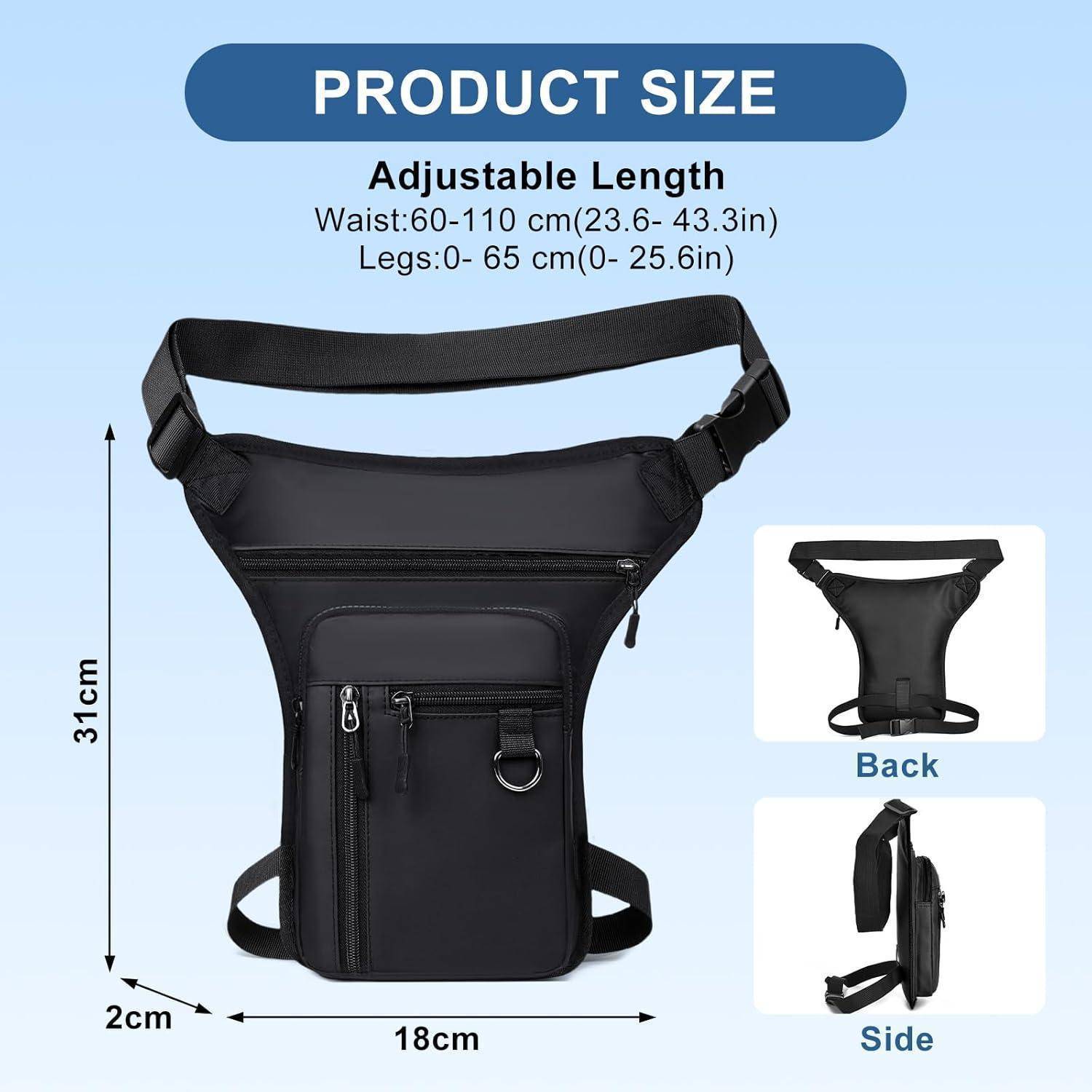 Größendiagramm für eine schwarze Hüfttasche mit verstellbarem Gürtel: Taille 60-110 cm, Beine 0-65 cm, Taschenmessungen 31 cm hoch, 18 cm breit, 2 cm tief; Rück- und Seitenansichten dargestellt.