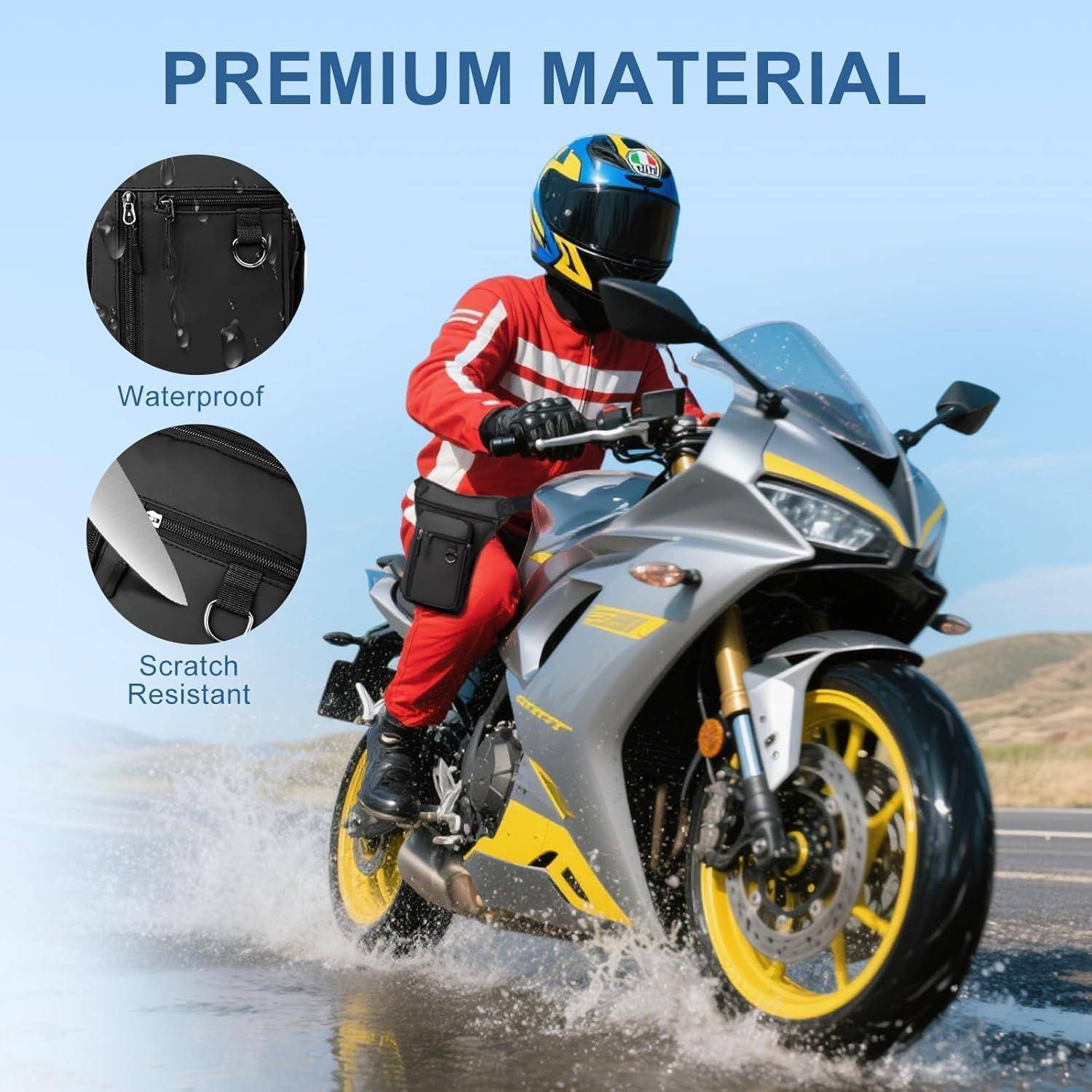 Motorradfahrer fährt auf einem Sportmotorrad durch Wasser; der Anzeigentext sagt „PREMIUM MATERIAL" und hebt wasserdichte und kratzfeste Eigenschaften hervor.