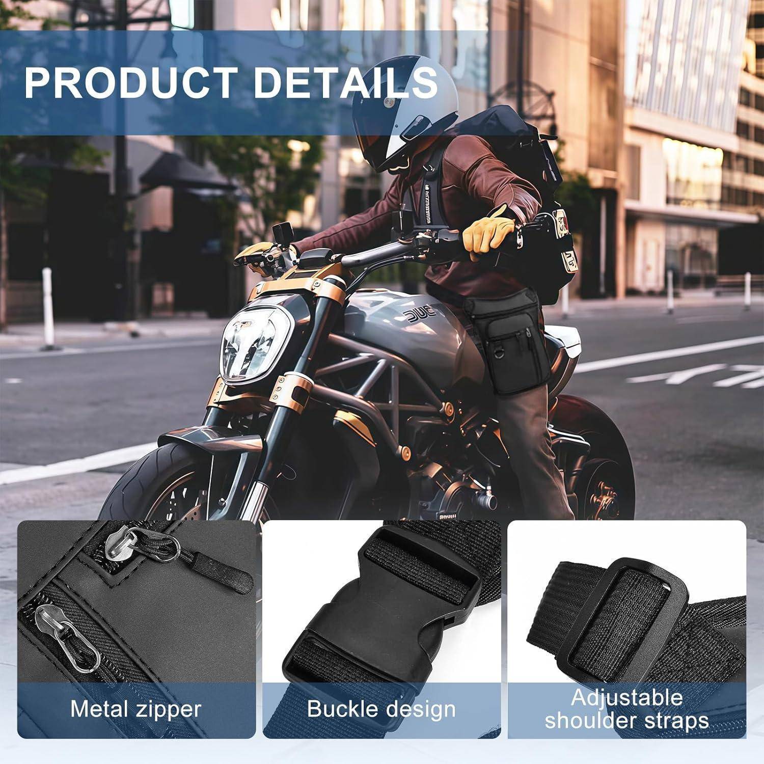 Motorradfahrer mit Rucksack; Produktdetails zeigen Metallreißverschlüsse, Schnallendesign und verstellbare Schultergurte.
