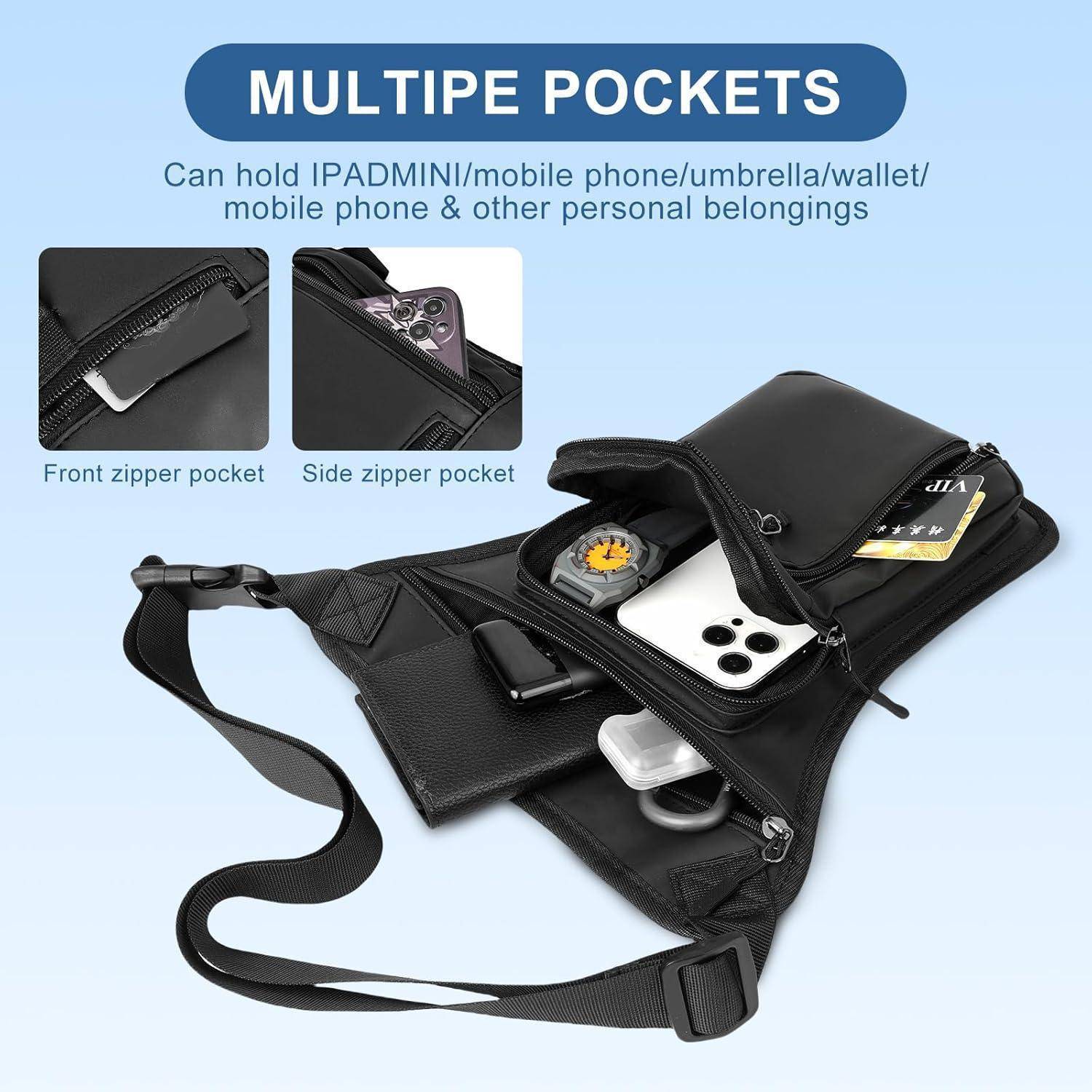 Schwarze Umhängetasche mit mehreren Taschen, offen dargestellt zum Verstauen eines Telefons, einer Geldbörse, einer Uhr und anderen persönlichen Gegenständen; Detailansichten zeigen vordere und seitliche Reißverschlusstaschen.